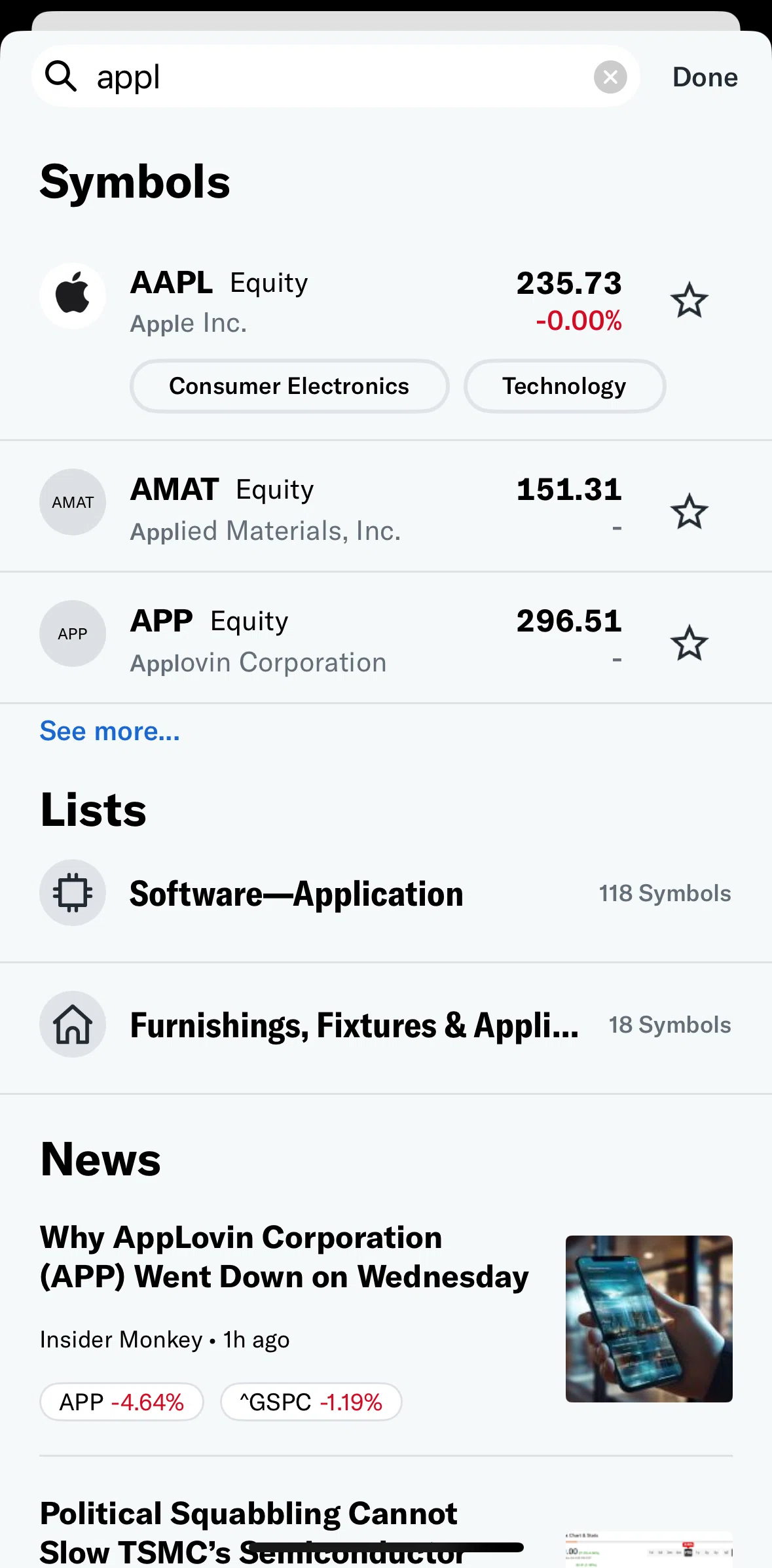 Yahoo Finance Screen screen in the List detail flow