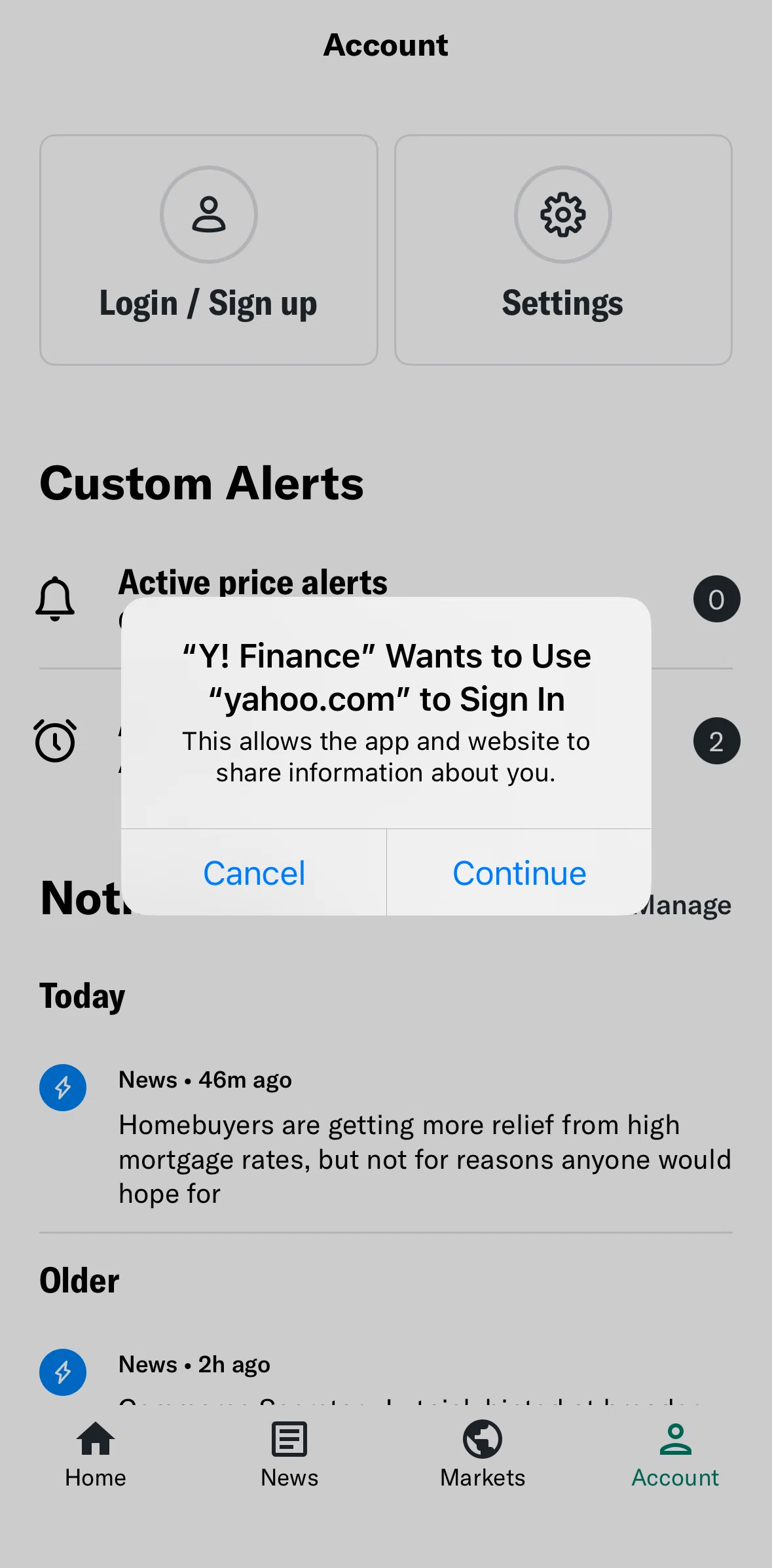 Yahoo Finance Screen screen in the Logging in flow