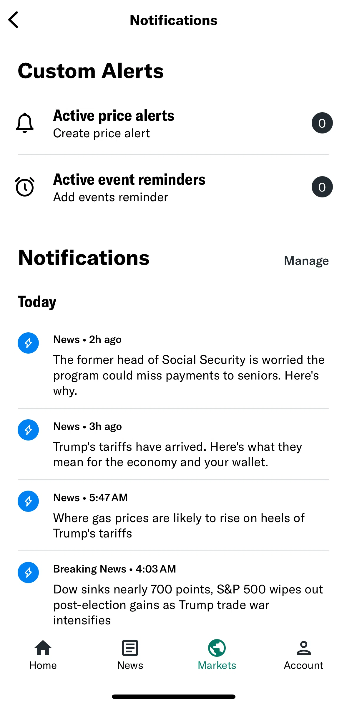 Yahoo Finance Screen screen in the Manage notifications flow