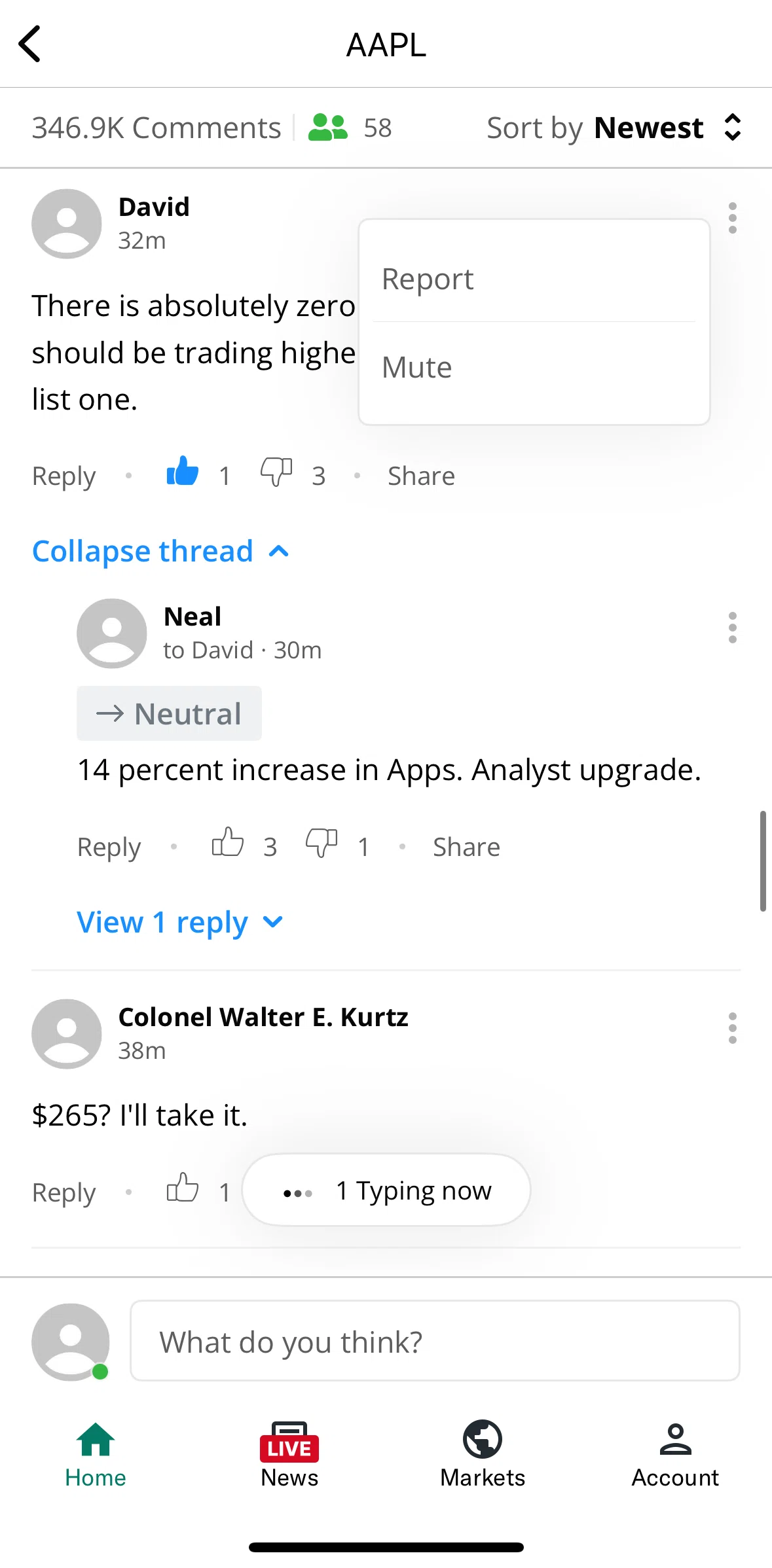 Yahoo Finance Screen screen in the Muting a user flow