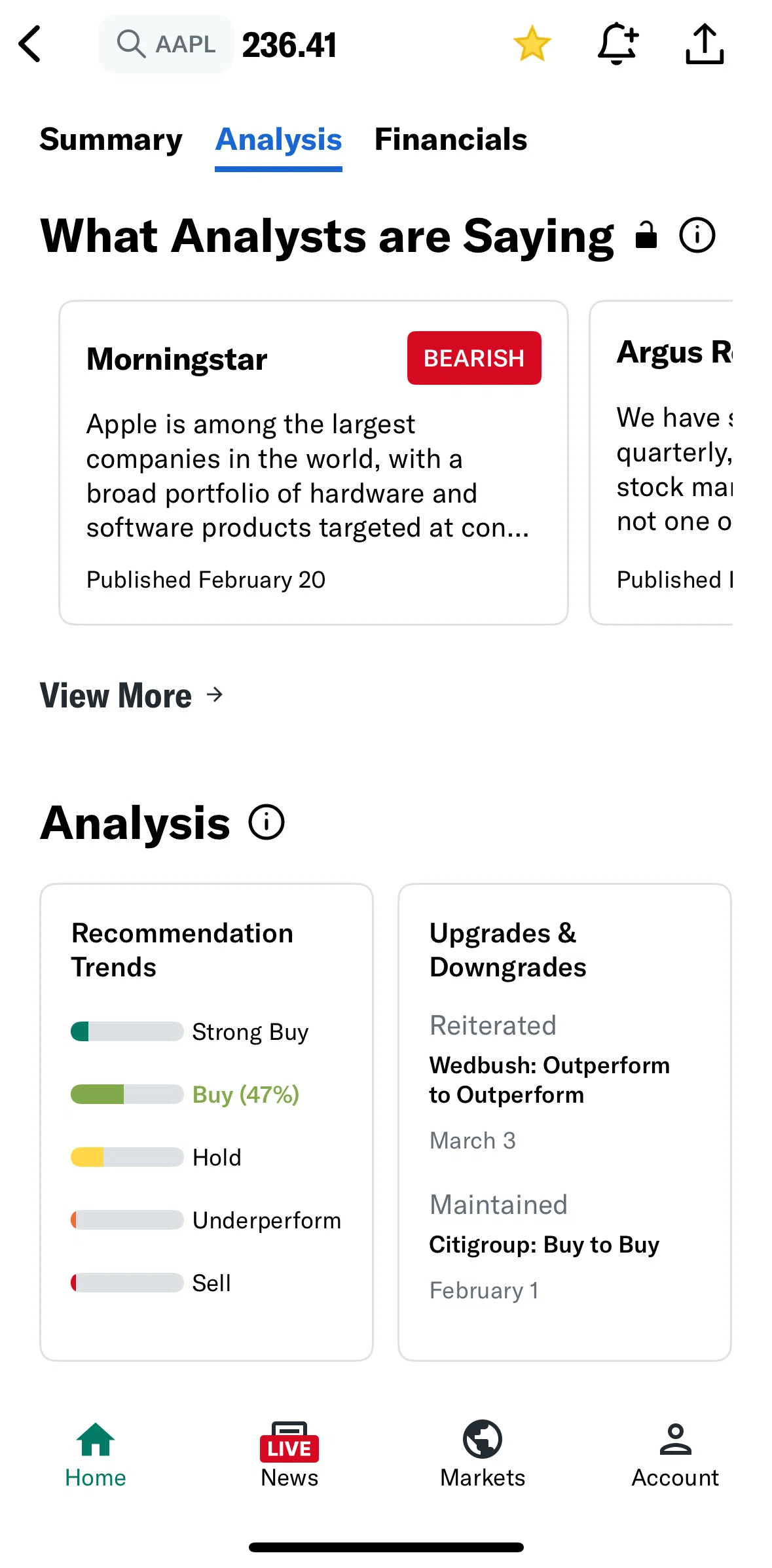 Yahoo Finance Screen screen in the Research reports flow