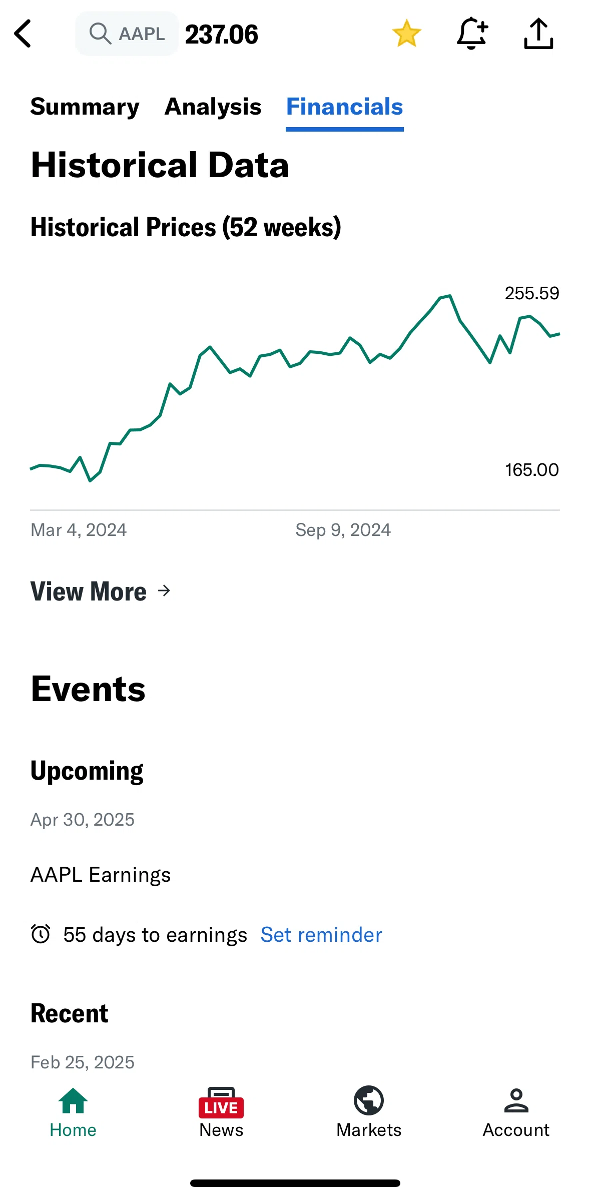 Yahoo Finance Screen screen in the Setting a reminder flow