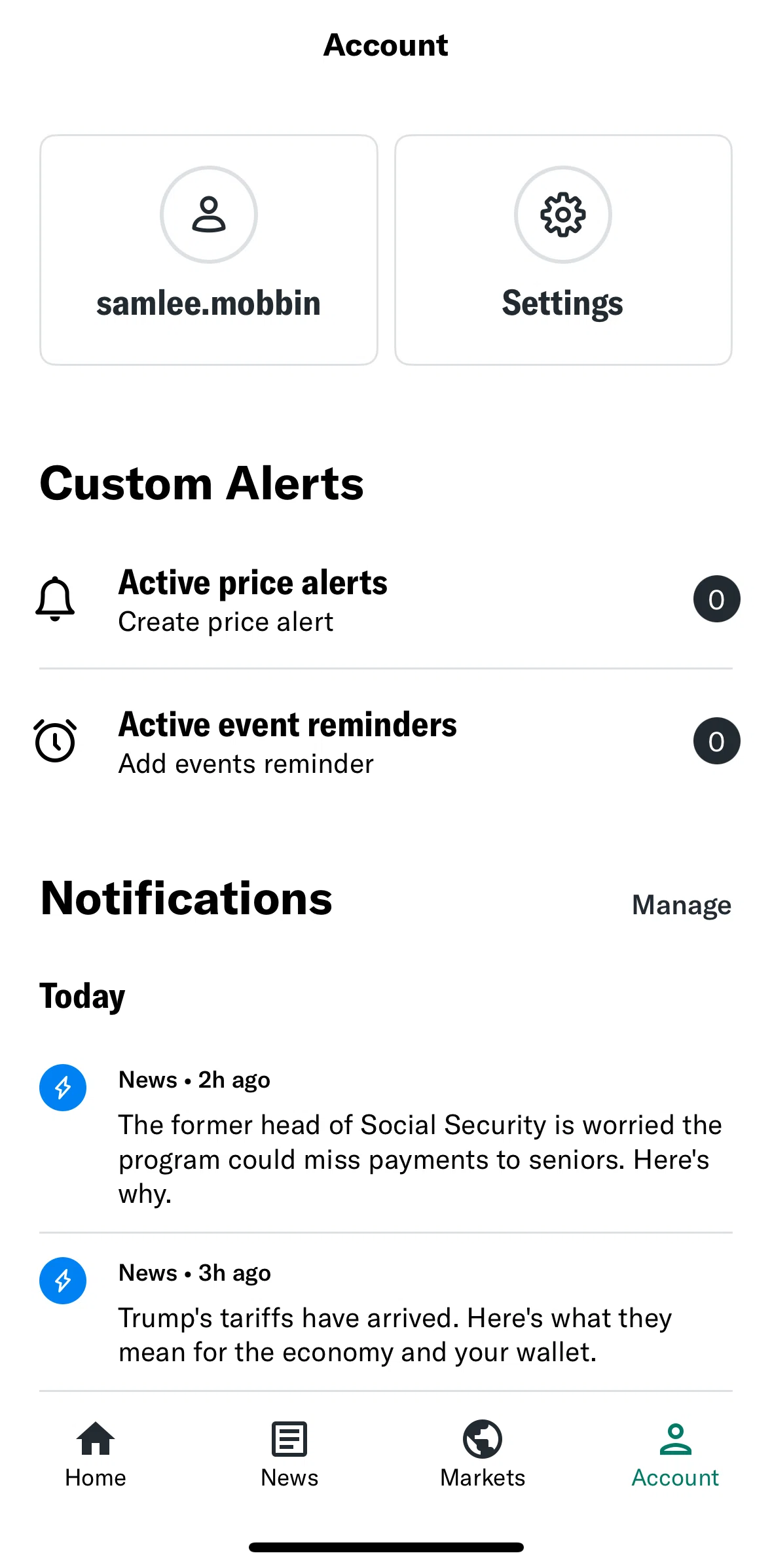 Yahoo Finance Screen screen in the Settings flow