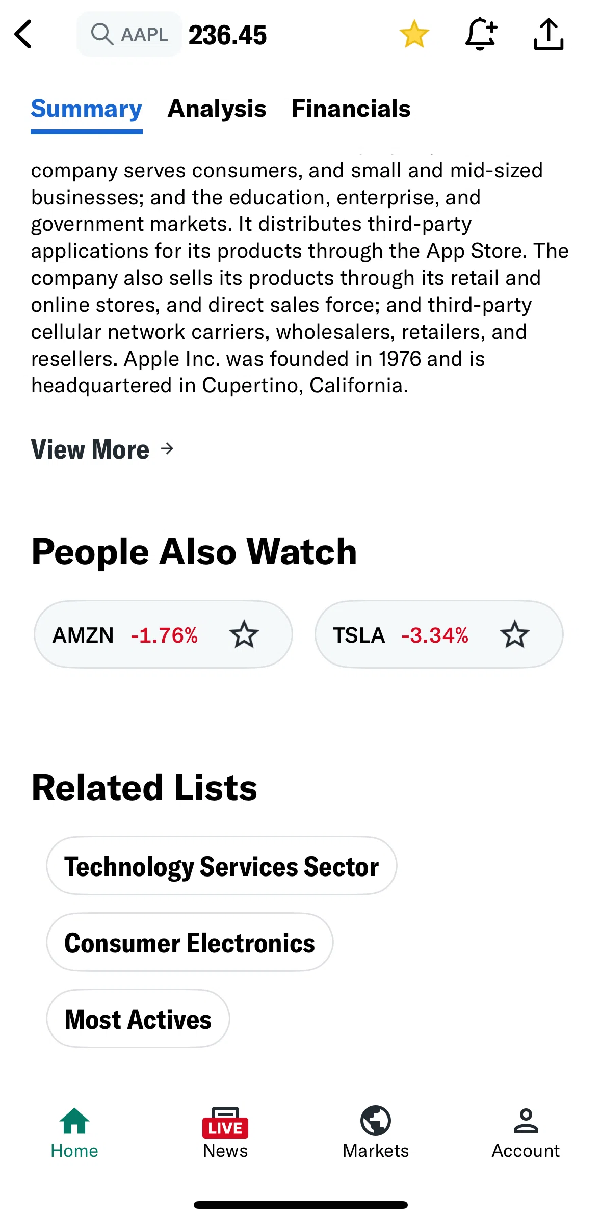 Yahoo Finance Screen screen in the Symbol profile flow