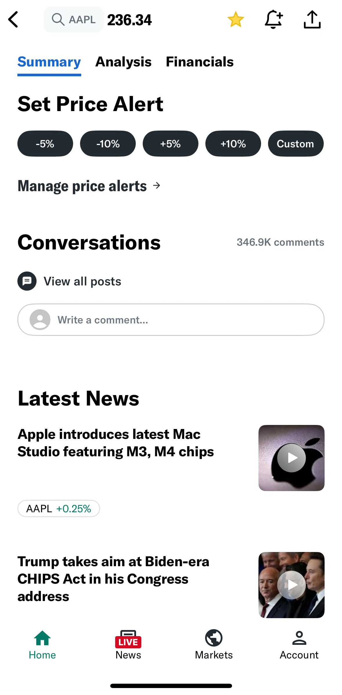Yahoo Finance Screen screen in the View comments flow