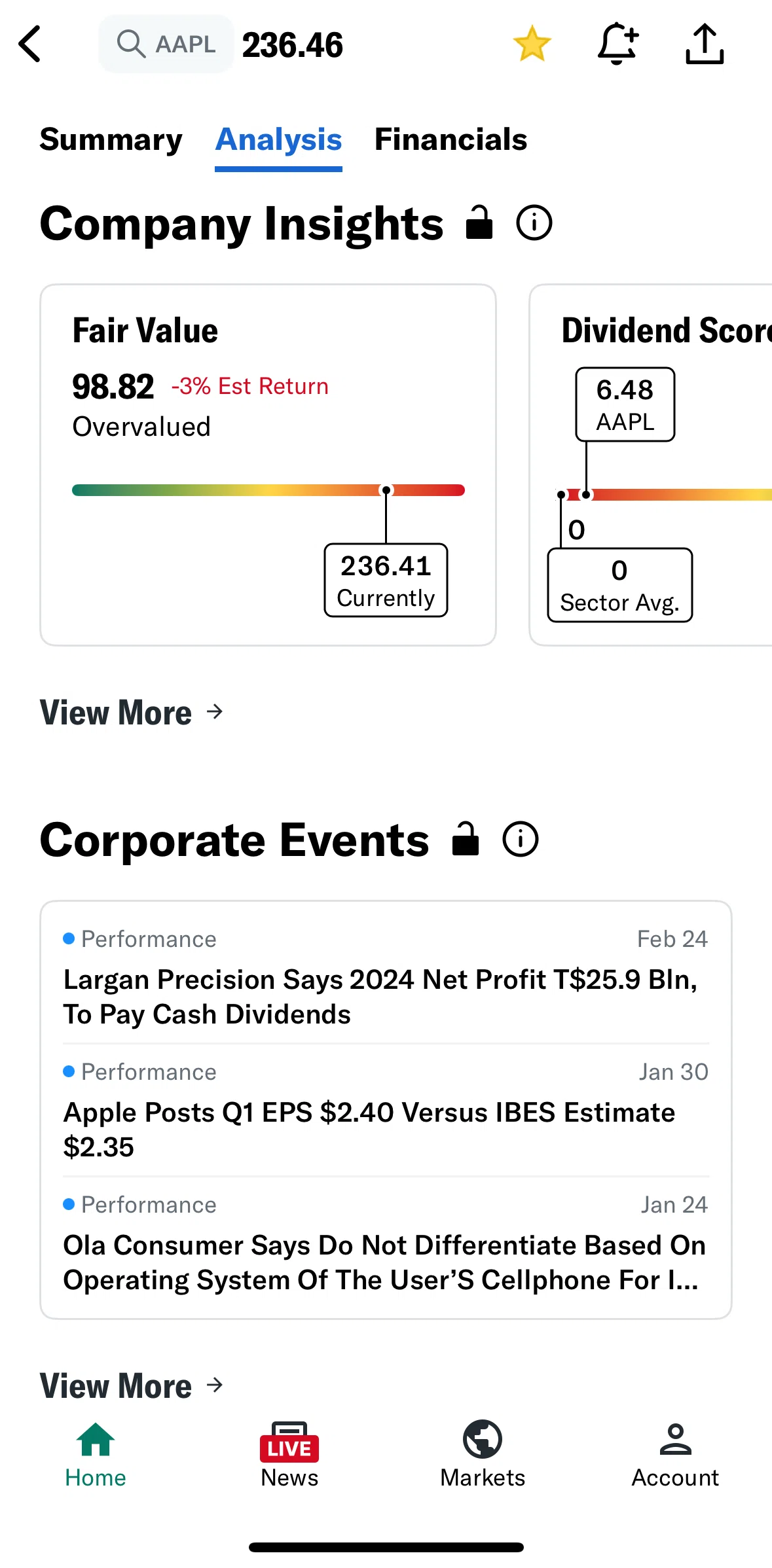 Yahoo Finance Screen screen in the View corporate events flow