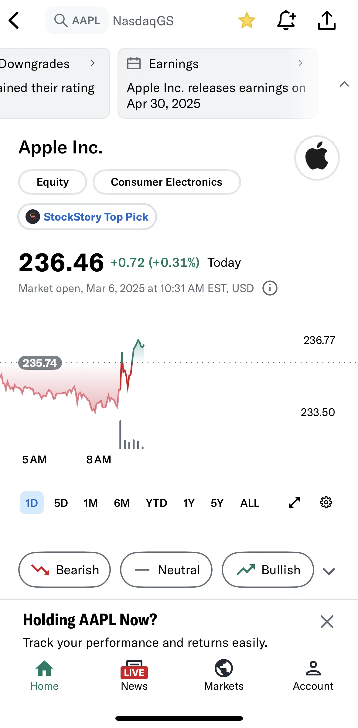 Yahoo Finance Screen screen in the View earnings flow