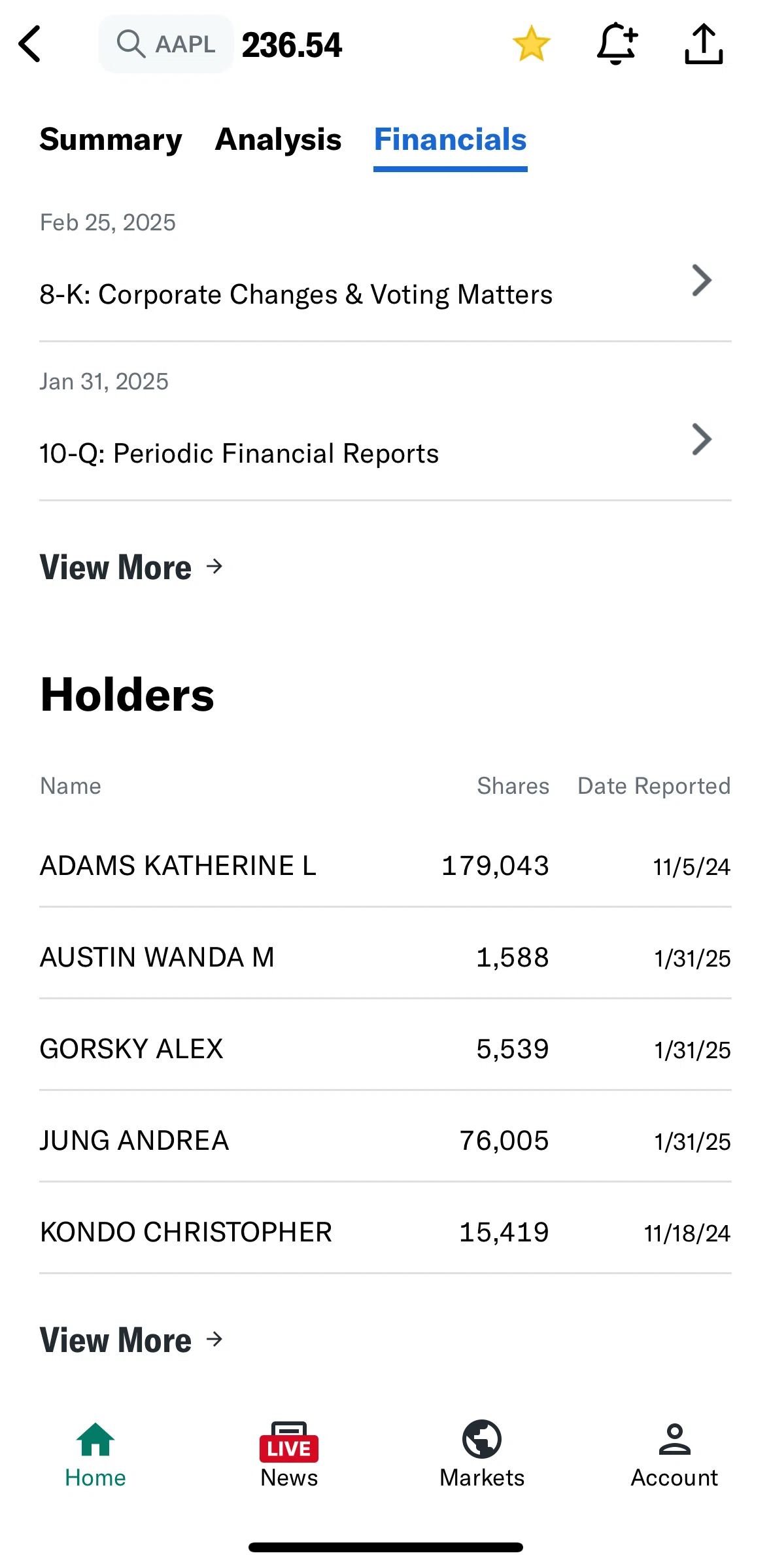 Yahoo Finance Screen screen in the View events calendar flow