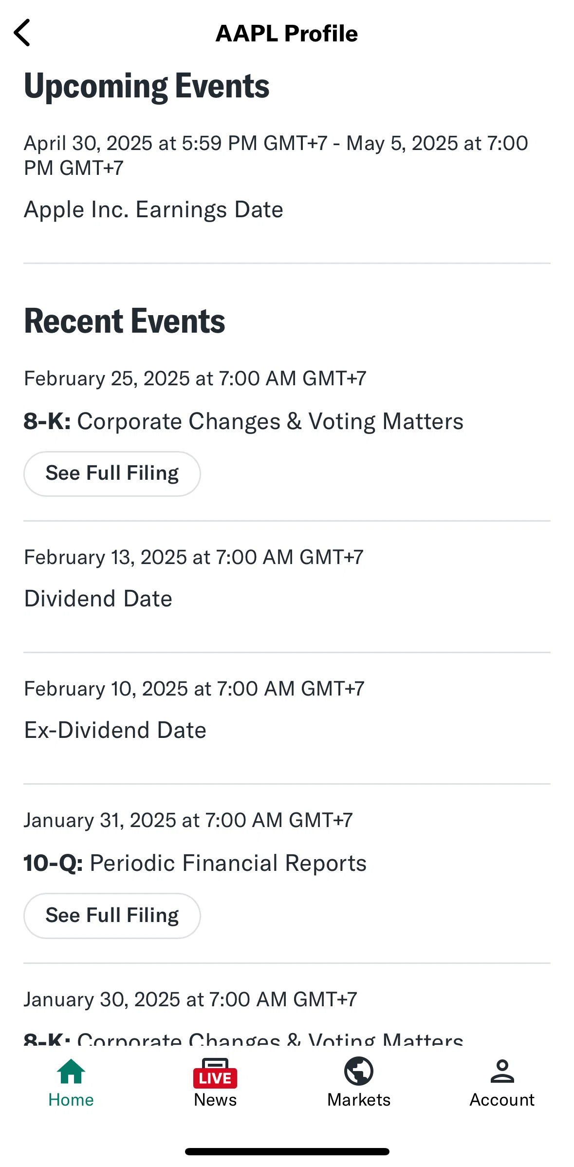 Yahoo Finance Screen screen in the View filing flow