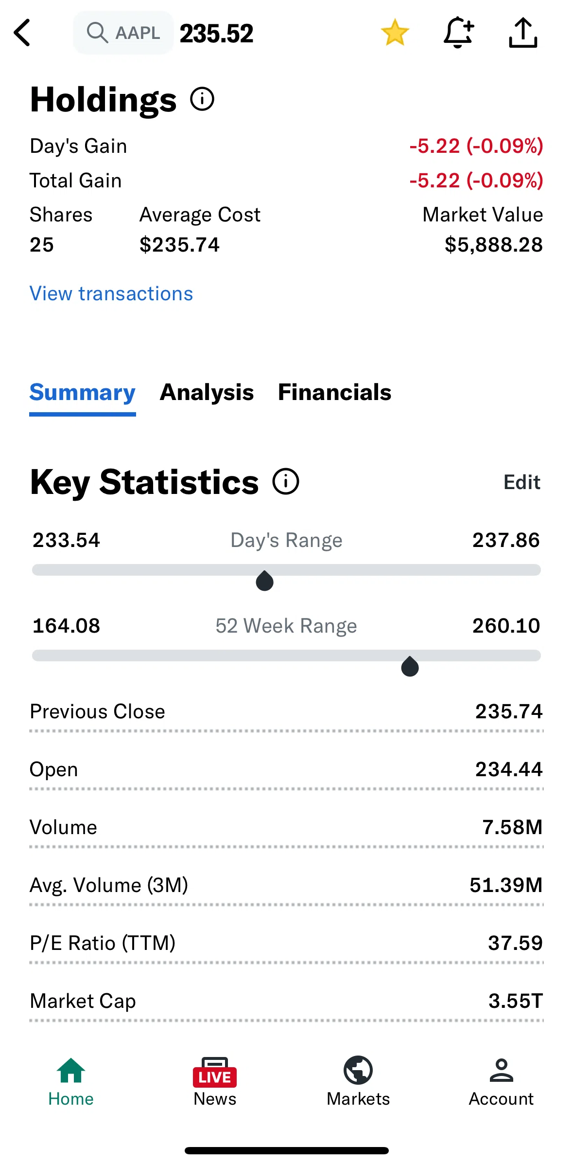 Yahoo Finance Screen screen in the View transactions flow