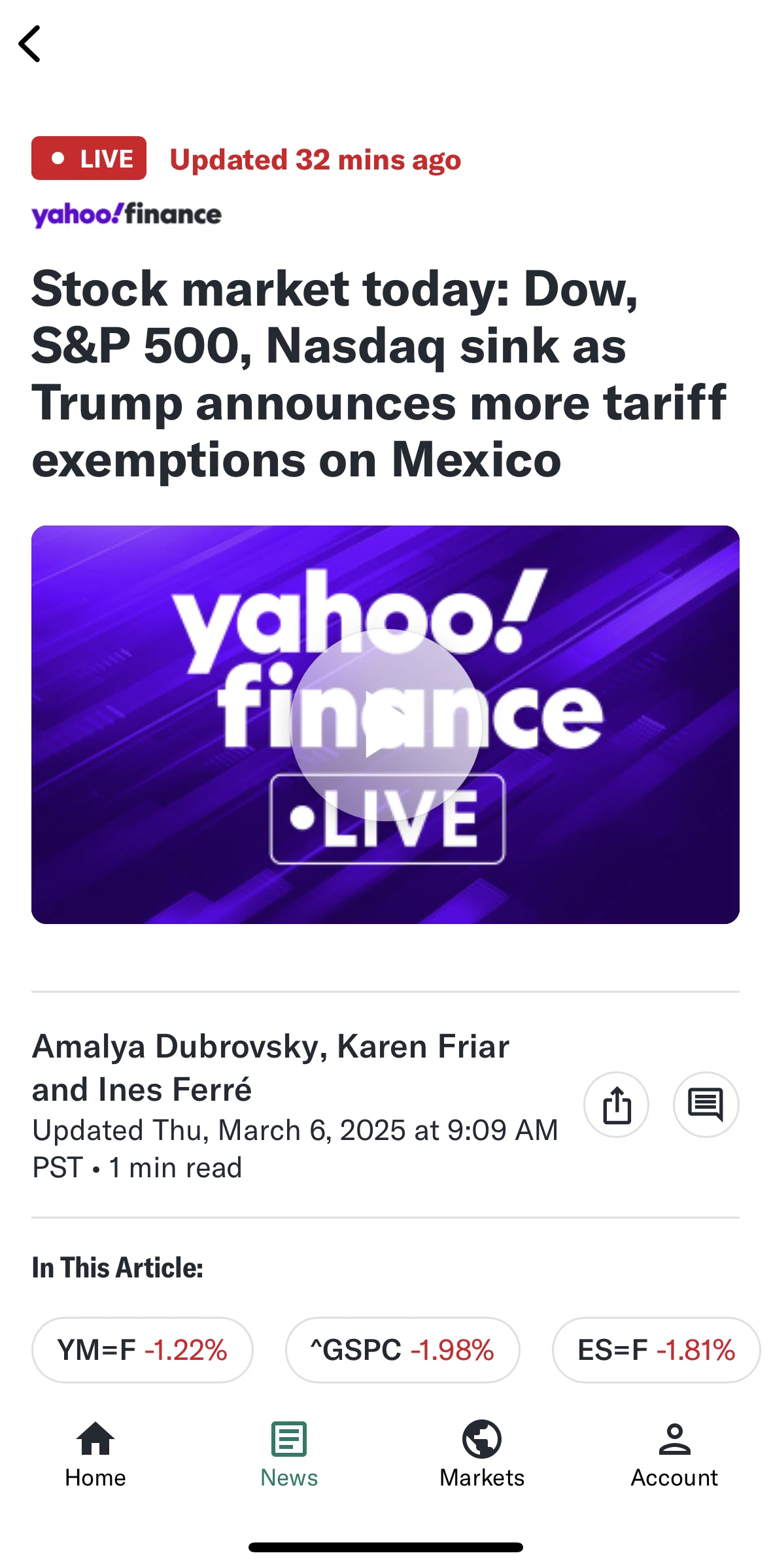Yahoo Finance Screen screen in the Watching a video flow