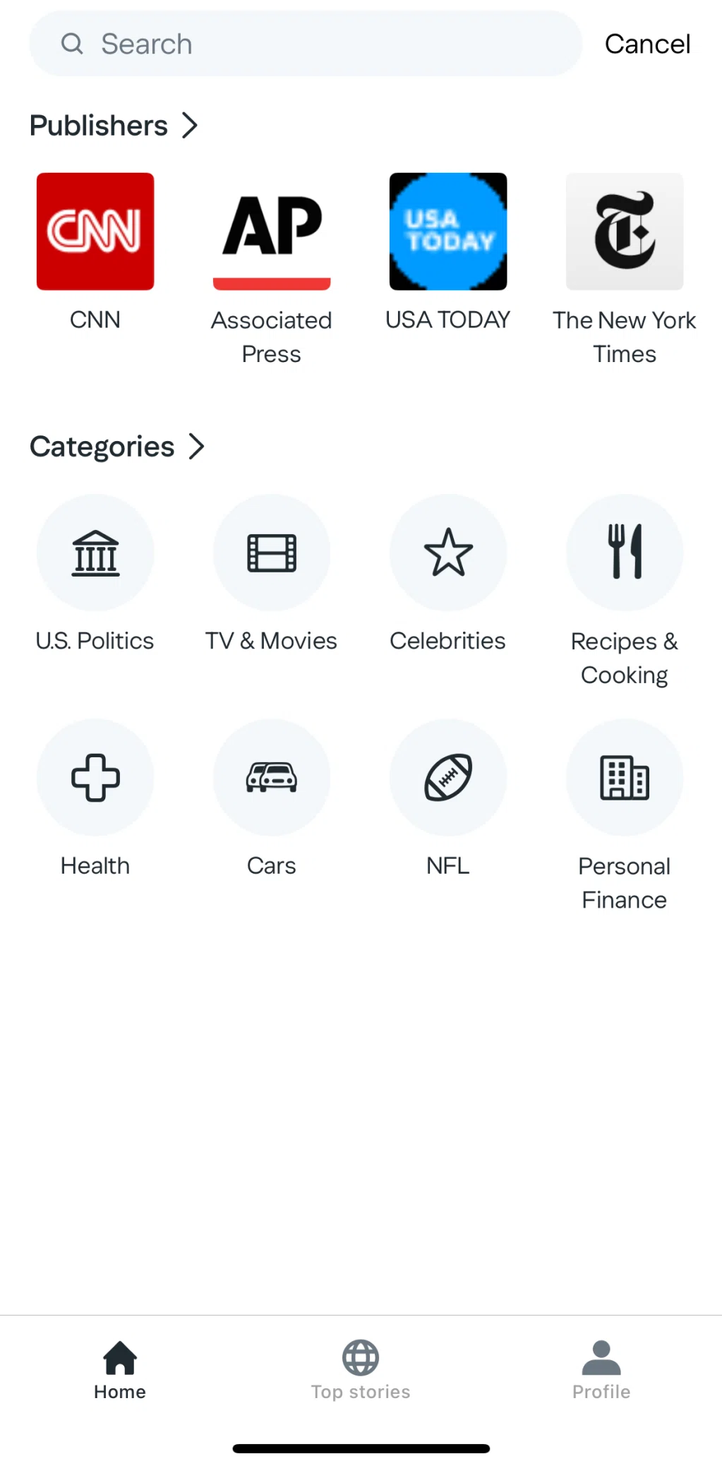 Yahoo News Screen screen in the All categories flow