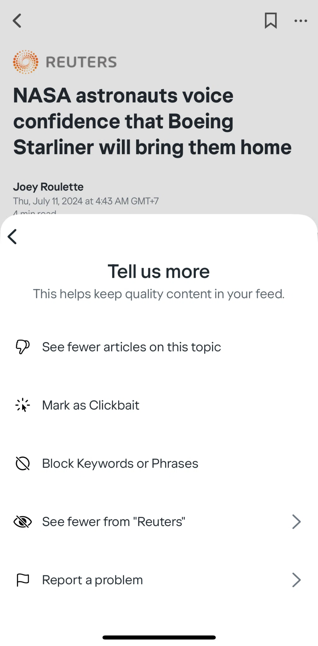 Yahoo News Screen screen in the Marking as Clickbait flow