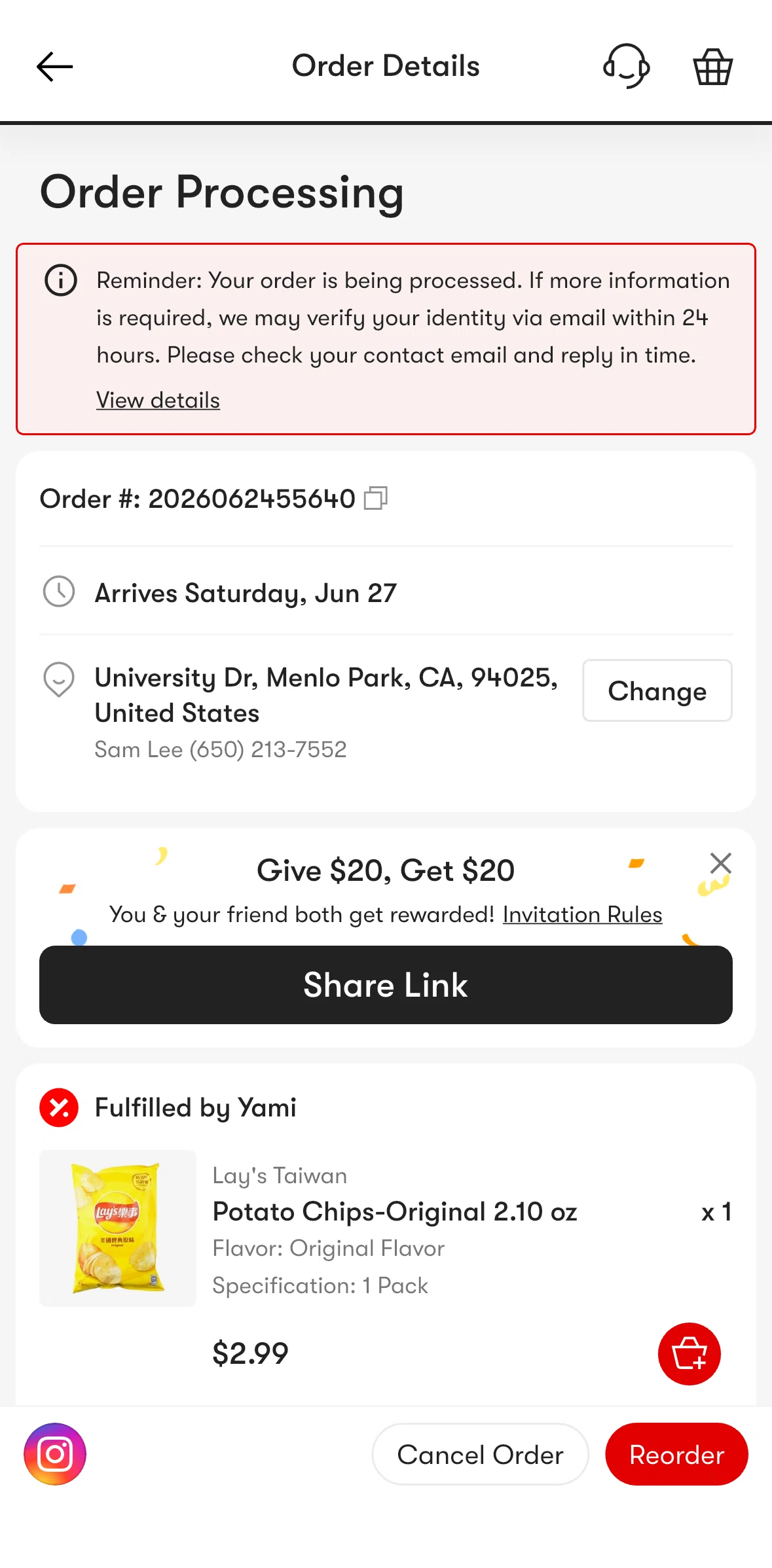 Yami Screen screen in the Canceling an order flow