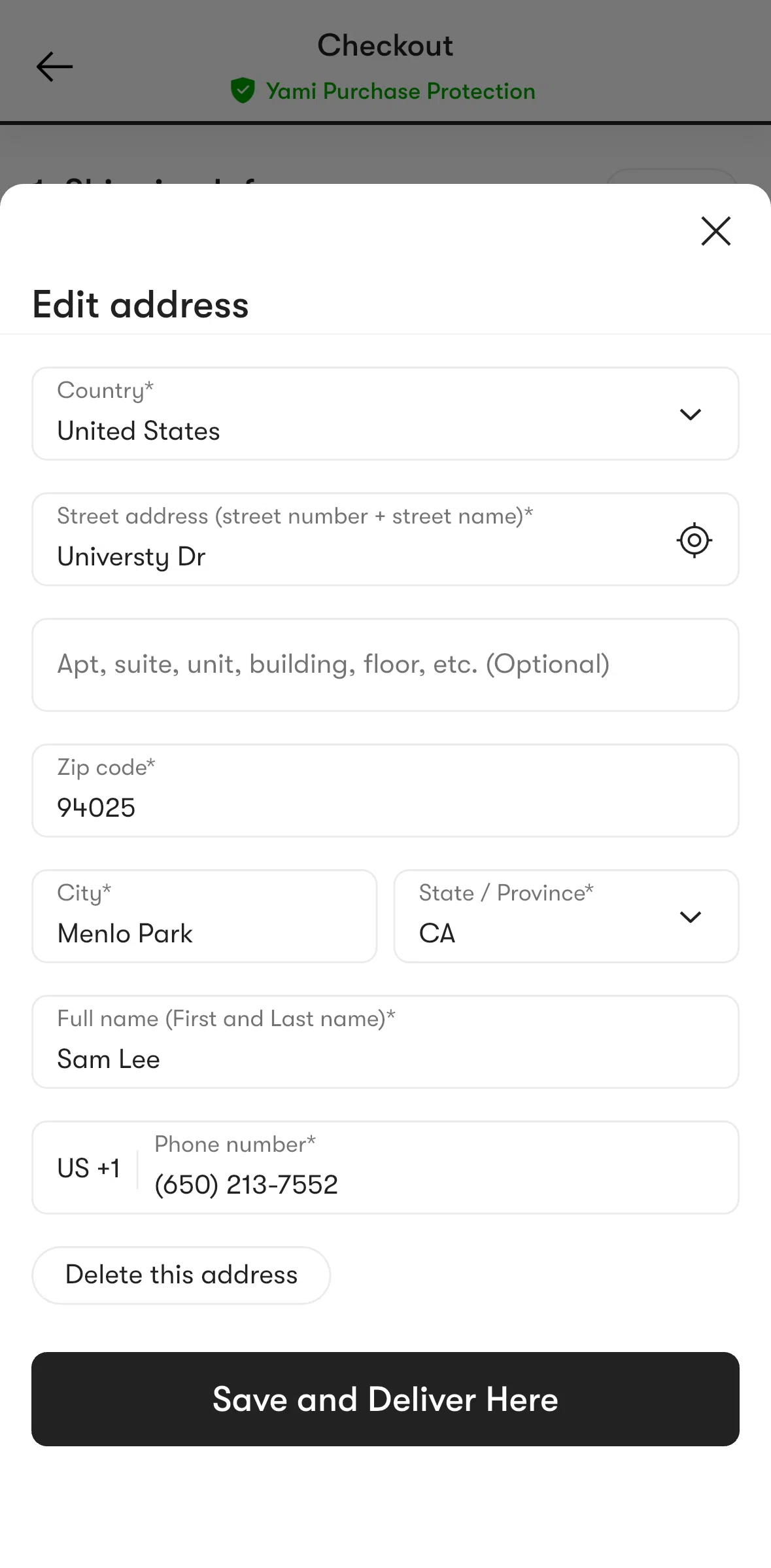 Yami Screen screen in the Deleting an address flow