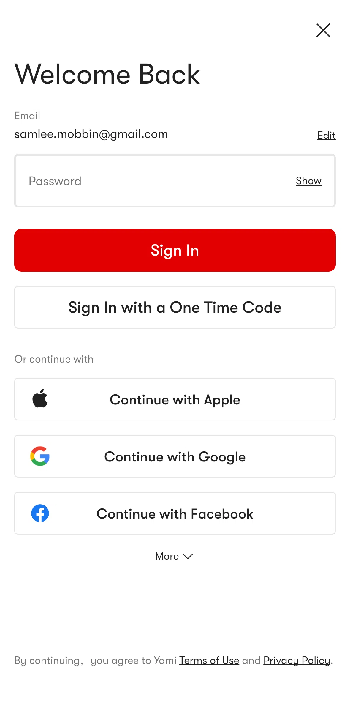 Yami Screen screen in the Logging in flow