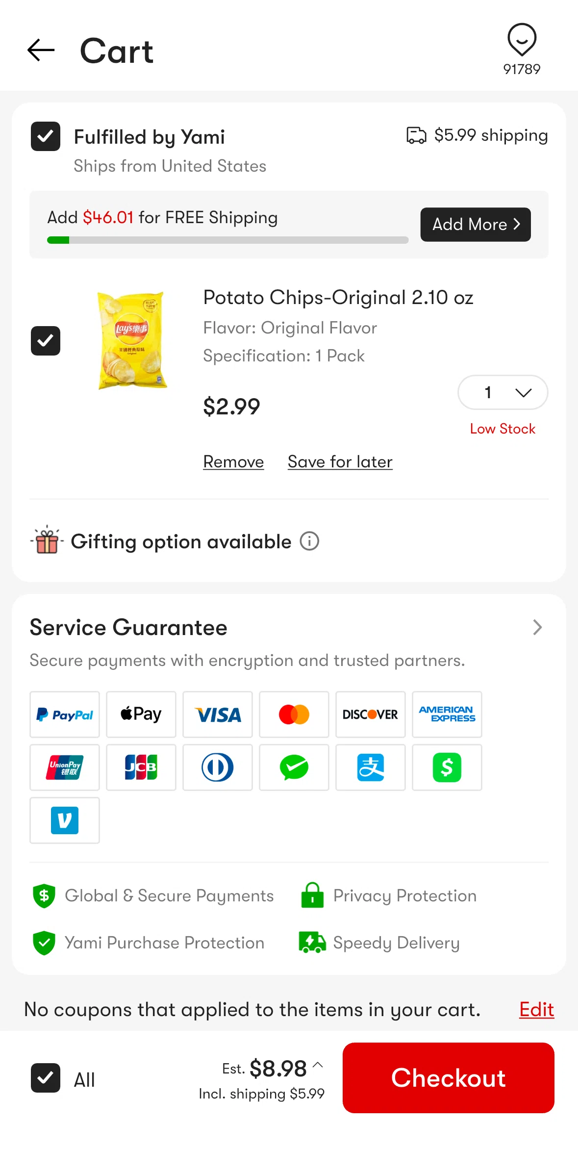 Yami Screen screen in the Order summary flow