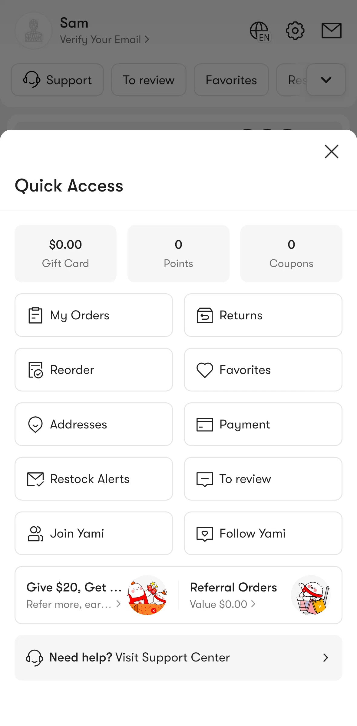 Yami Screen screen in the Points flow
