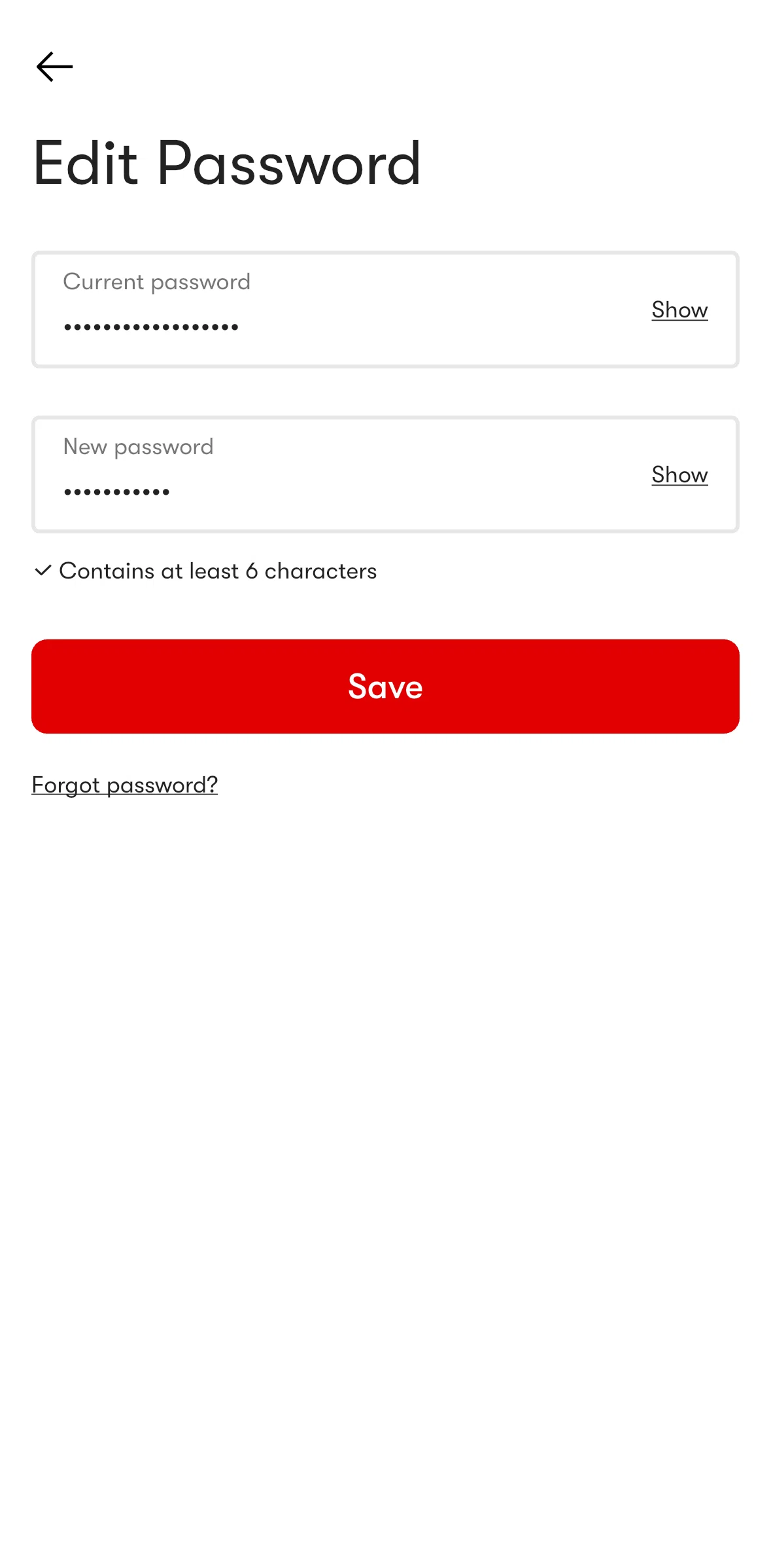 Yami Screen screen in the Resetting password flow