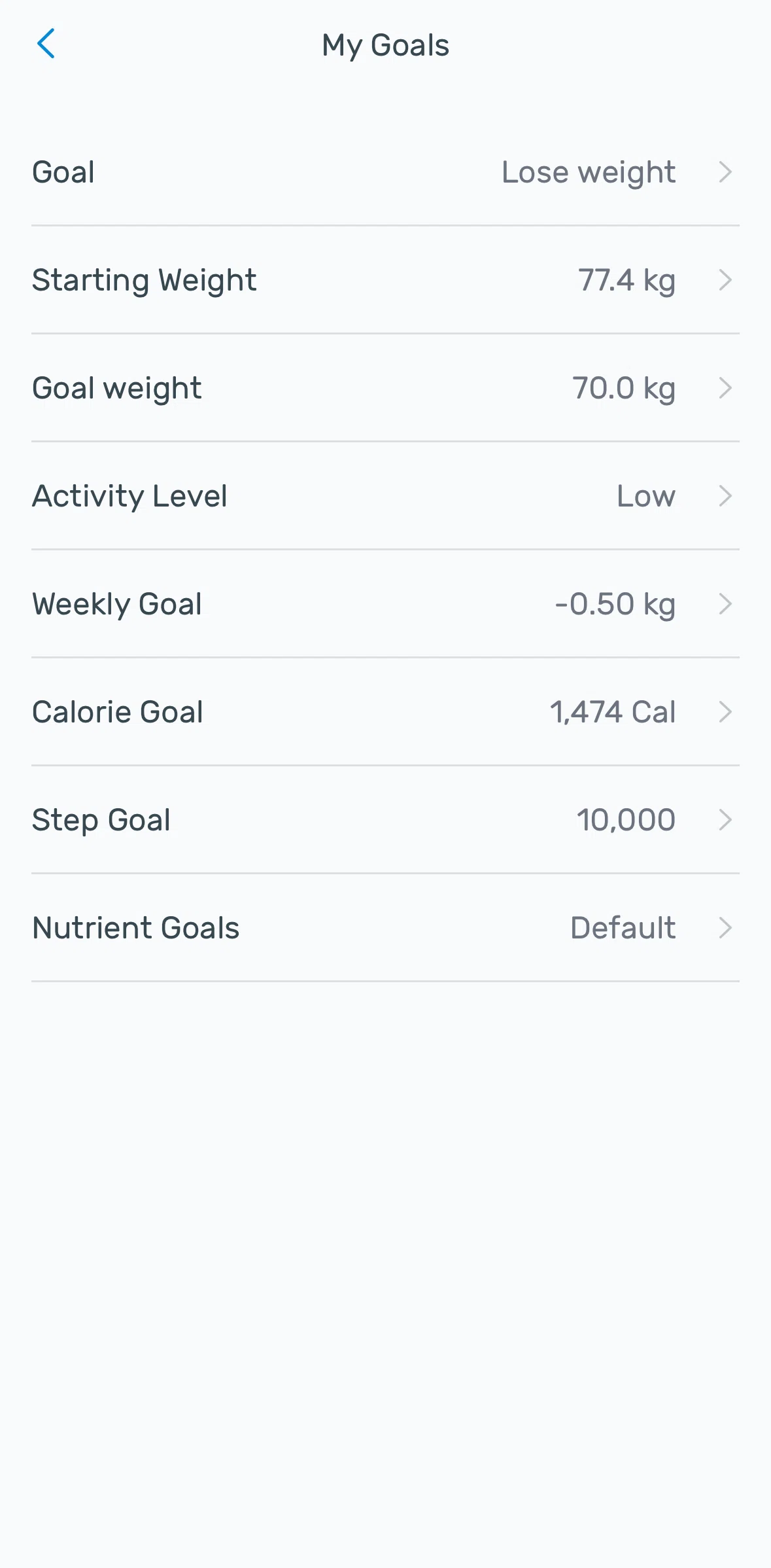 Yazio Screen screen in the Changing goals flow