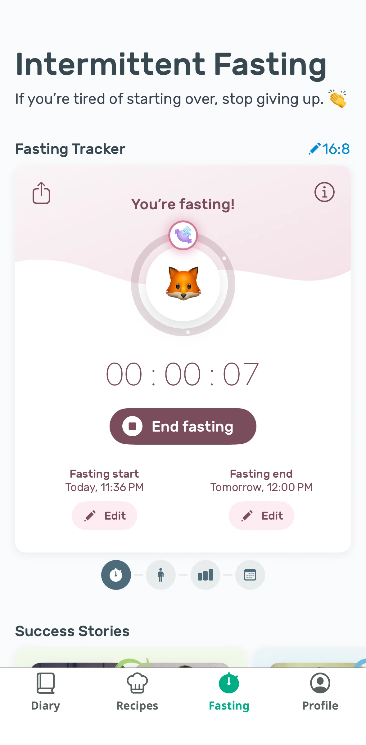 Yazio Screen screen in the Changing start time flow