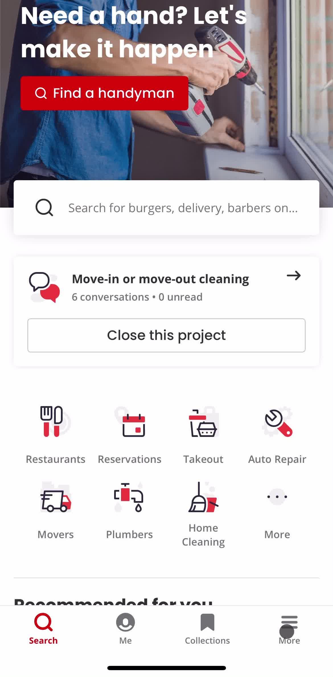 Yelp Home screen in the Canceling A Reservation flow