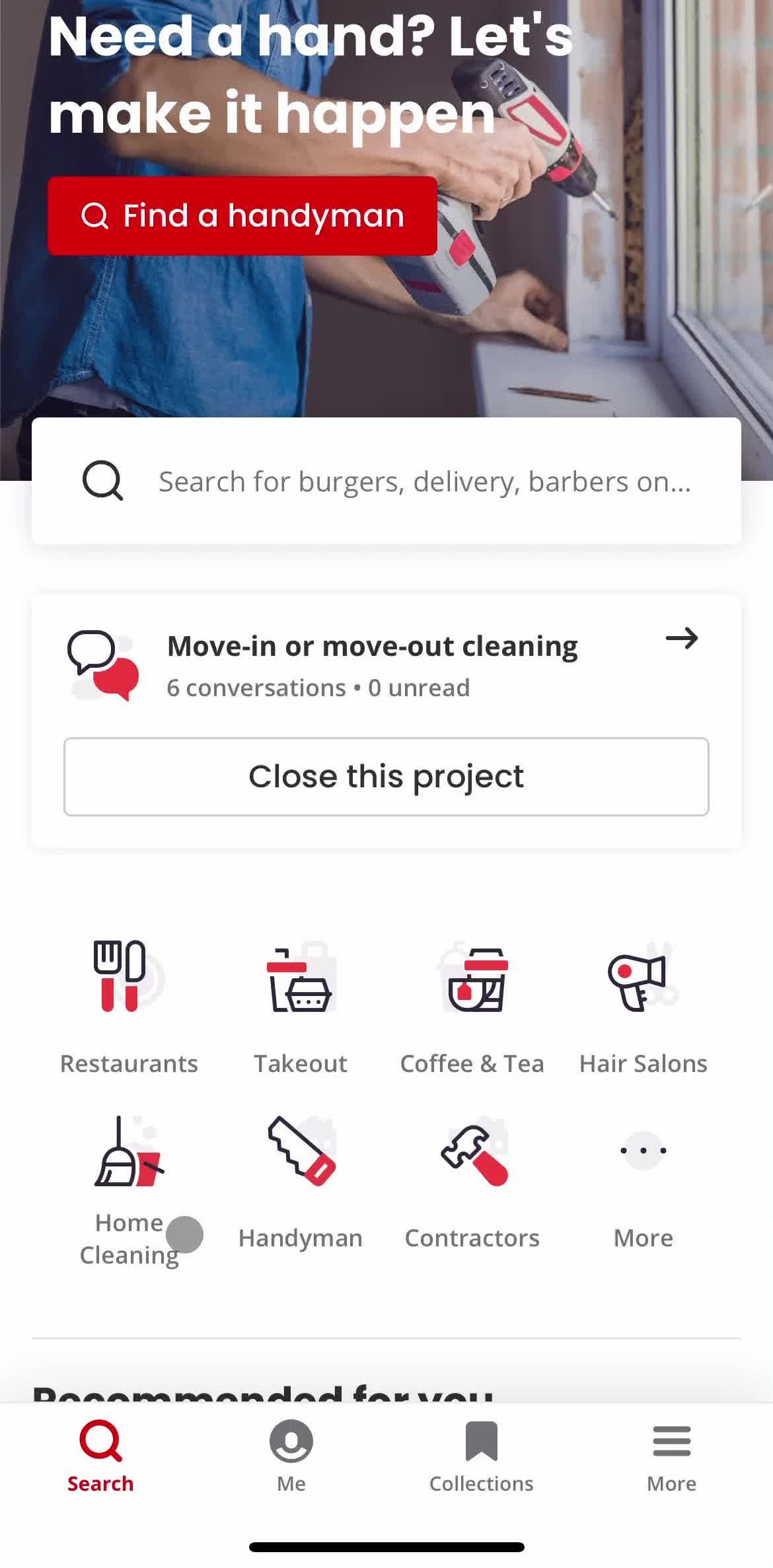 Yelp Home screen in the Discovering Content flow