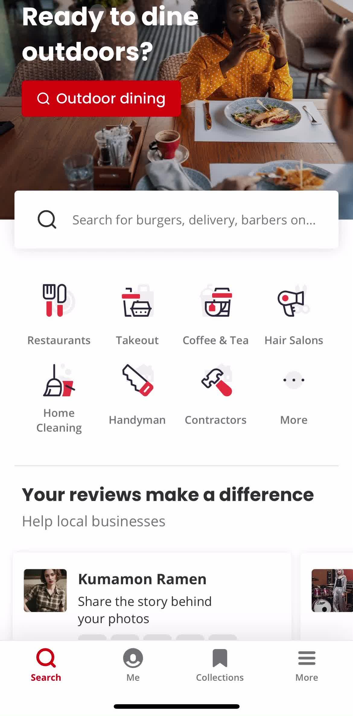 Yelp Home screen in the Filtering flow