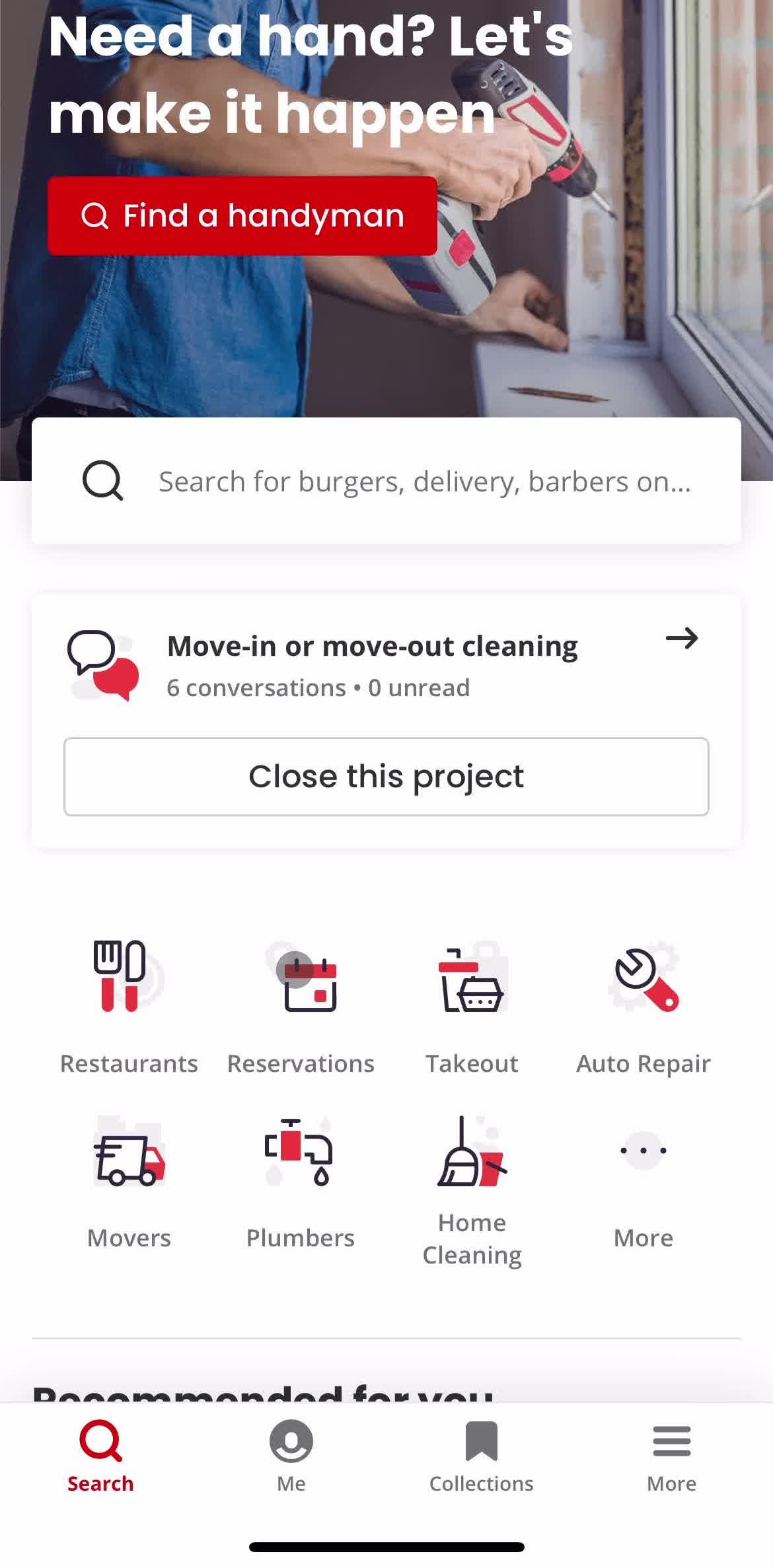Yelp Home screen in the Making A Reservation flow