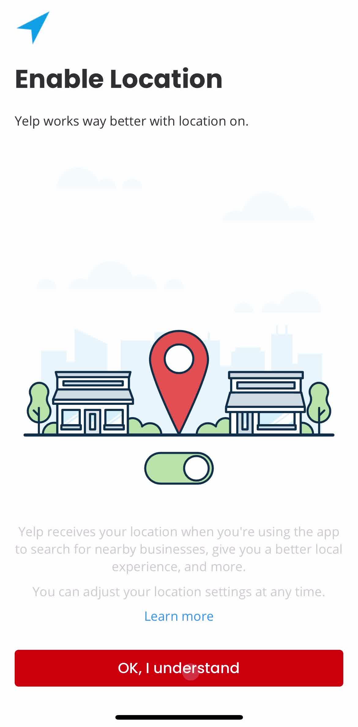 Yelp Enable location permissions screen in the Onboarding flow