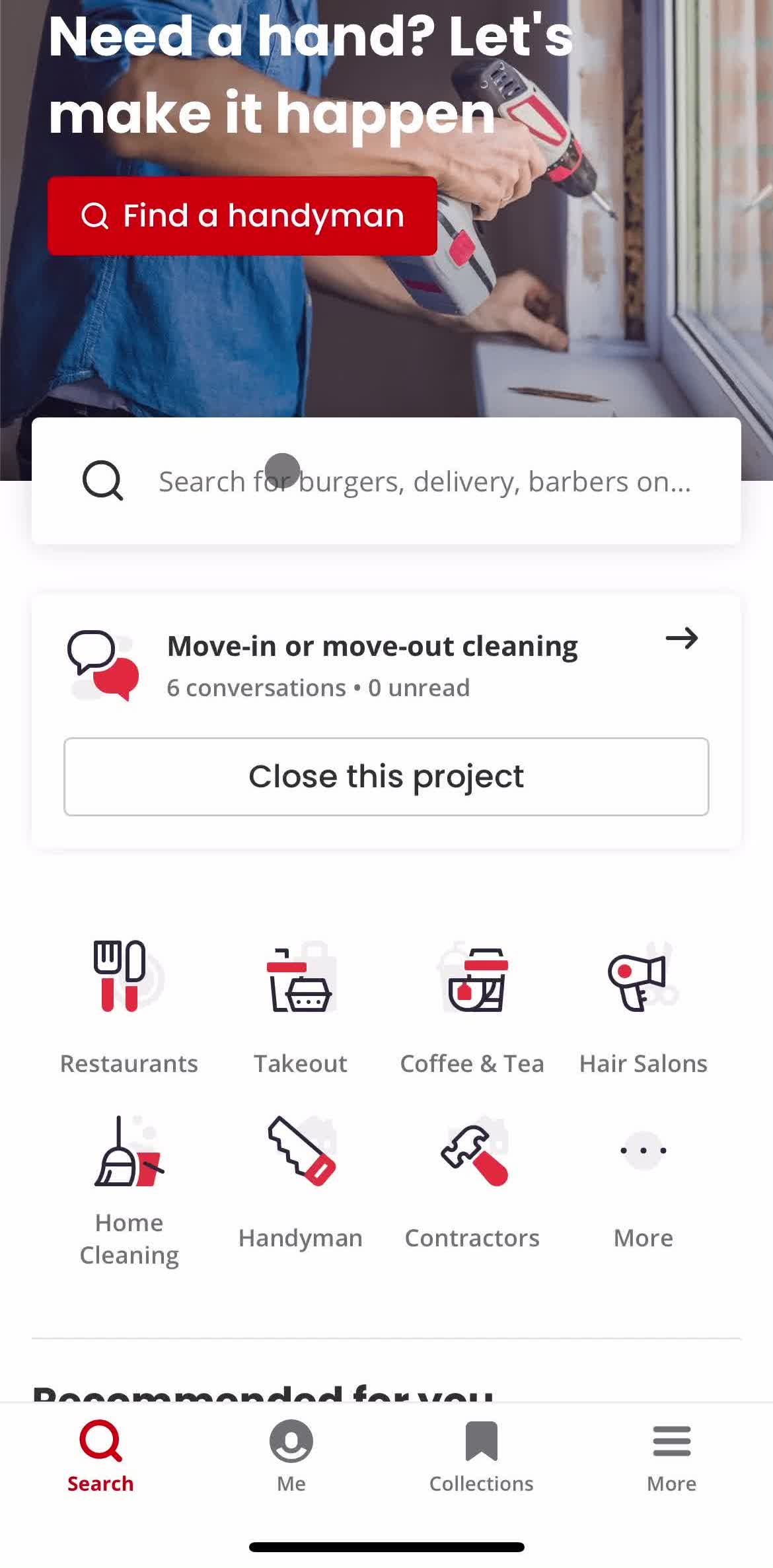 Yelp Home screen in the Searching flow