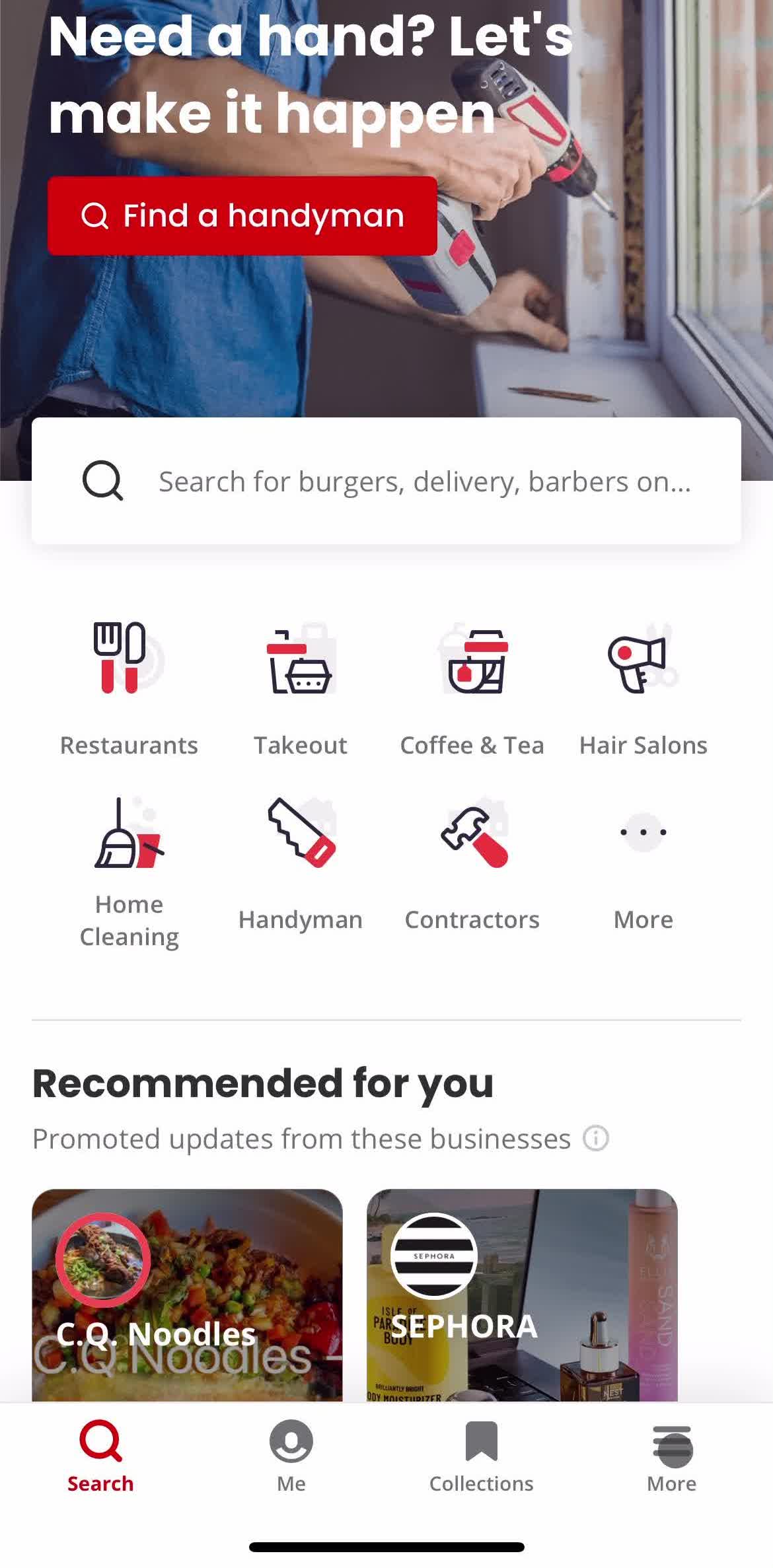 Yelp Home screen in the Sending Messages flow