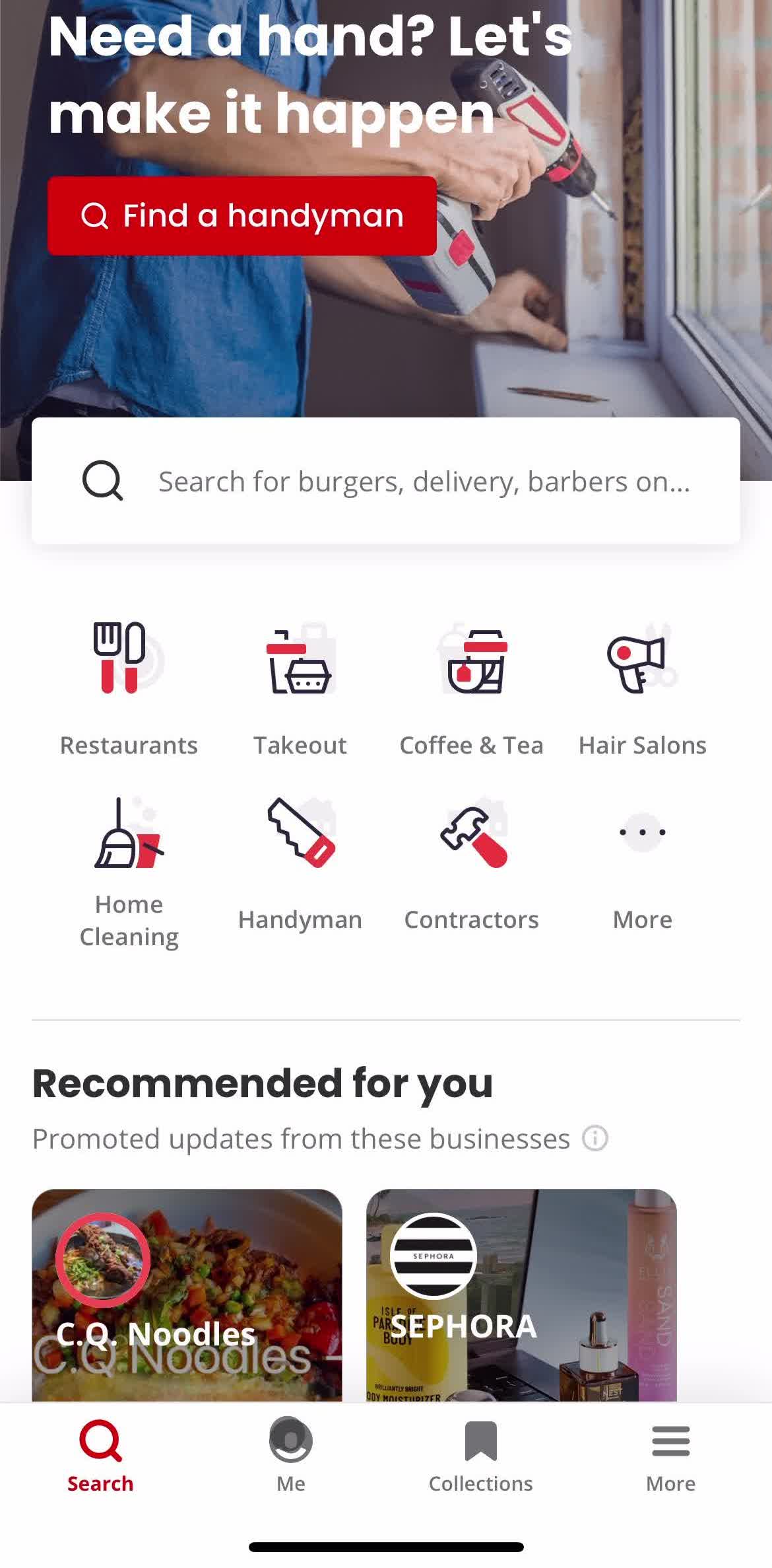 Yelp Home screen in the Settings flow