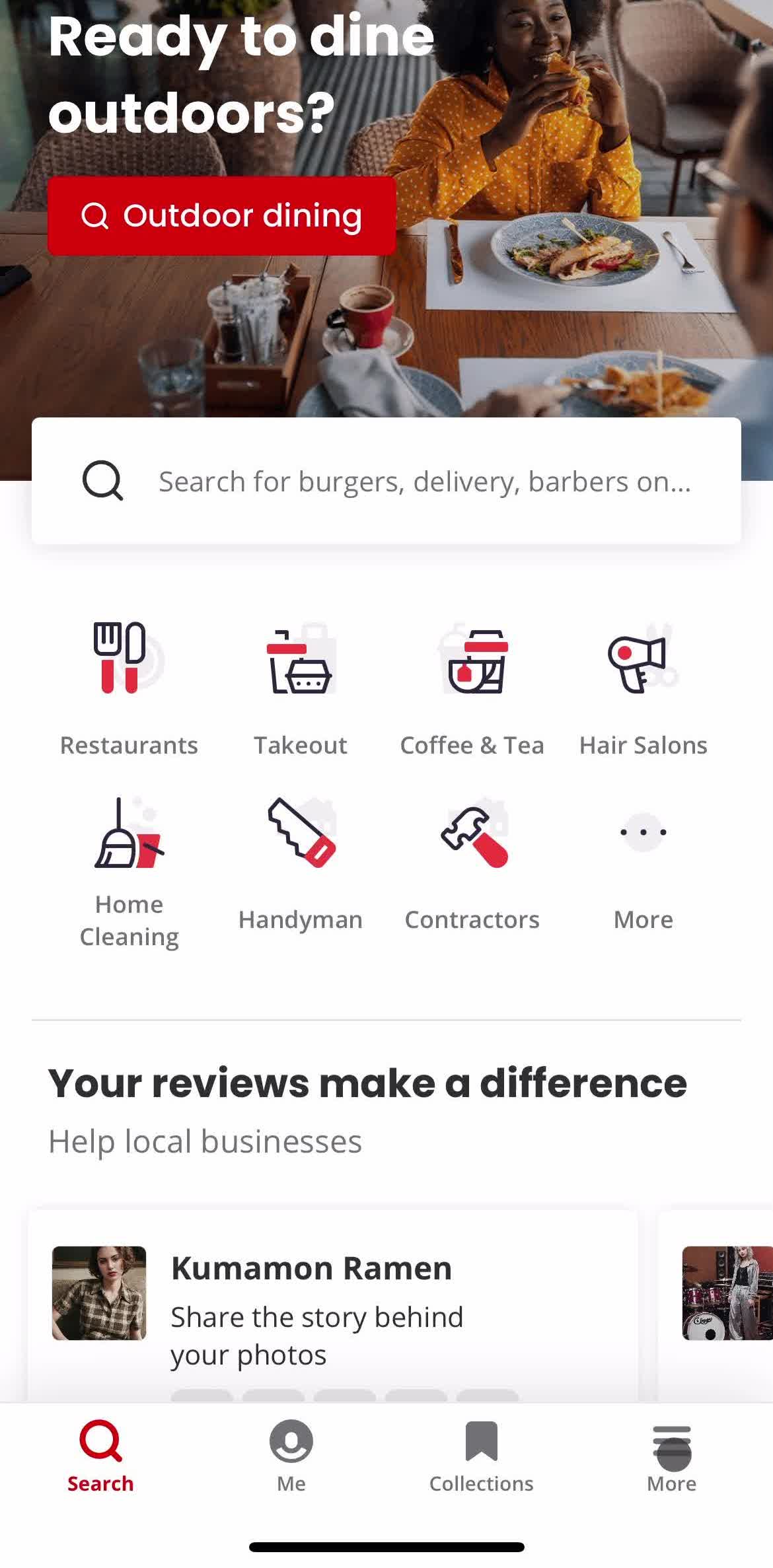 Yelp Home screen in the Support flow
