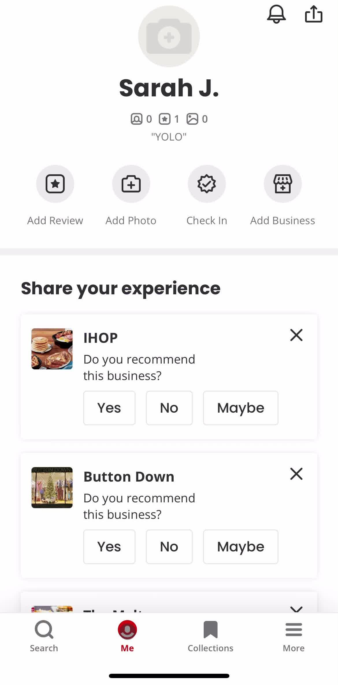 Yelp Home screen in the Updating Your Profile flow