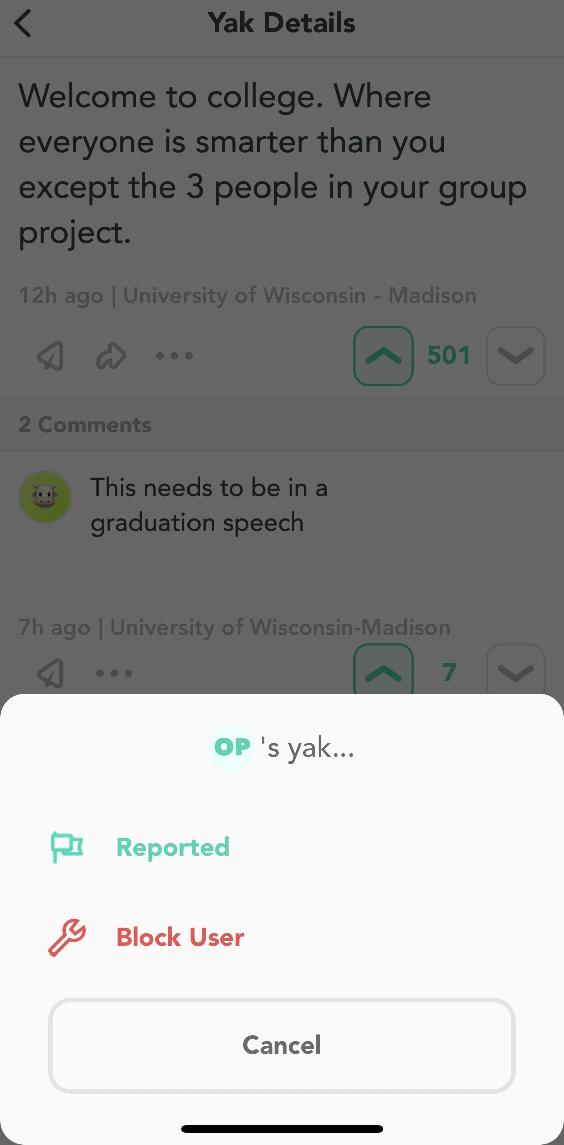 Yik Yak Screen screen in the Blocking a user flow