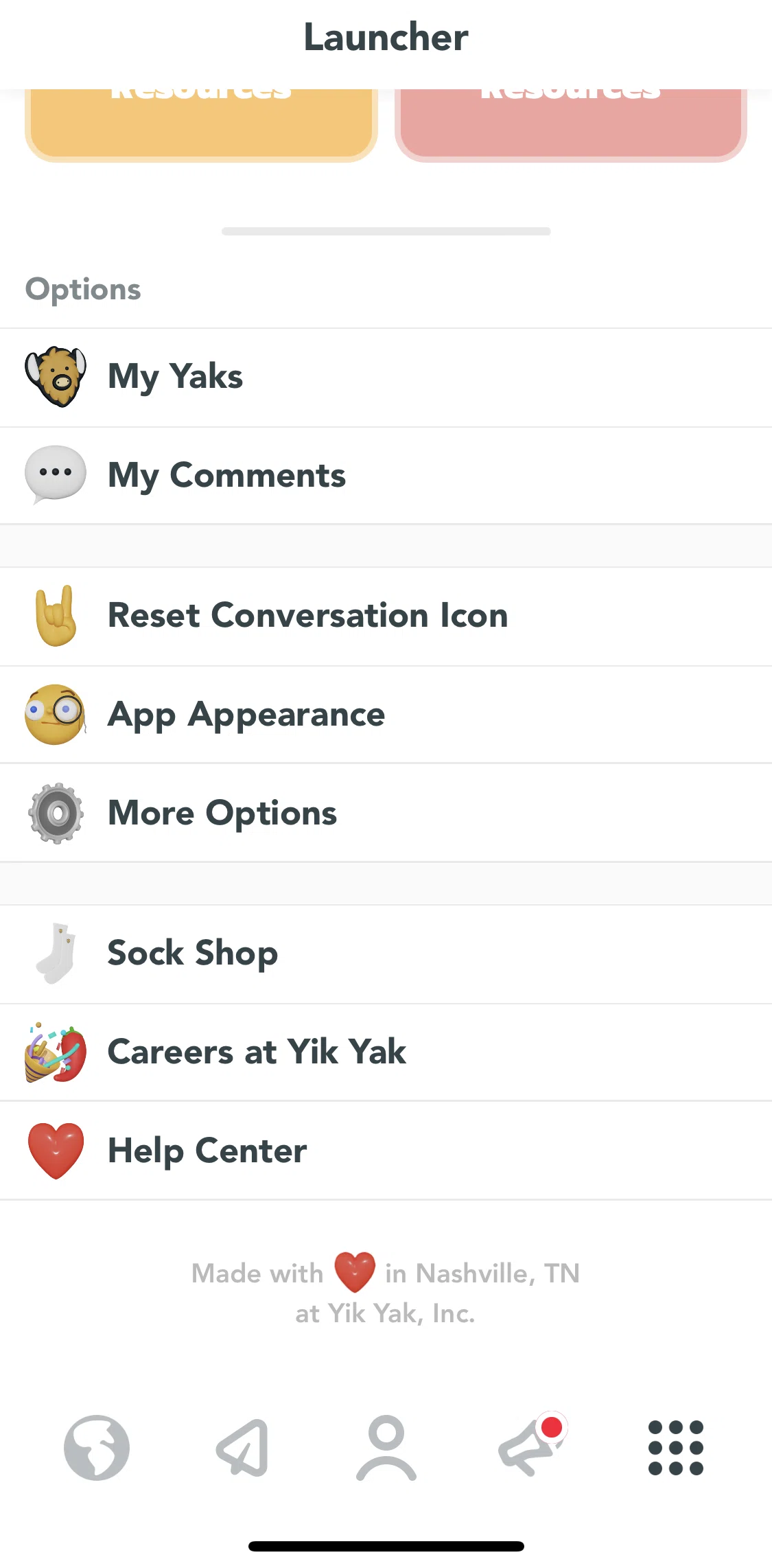 Yik Yak Screen screen in the Setting options flow