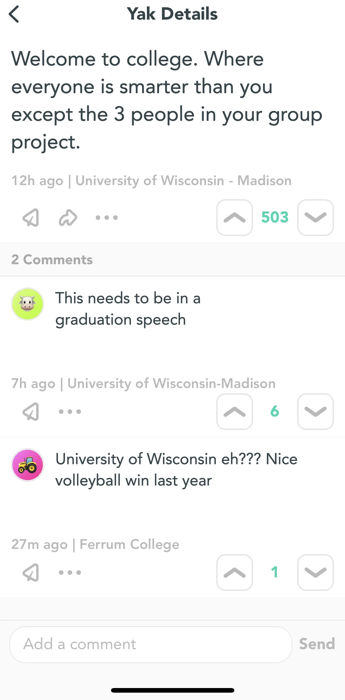 Yik Yak Screen screen in the Sharing a post flow