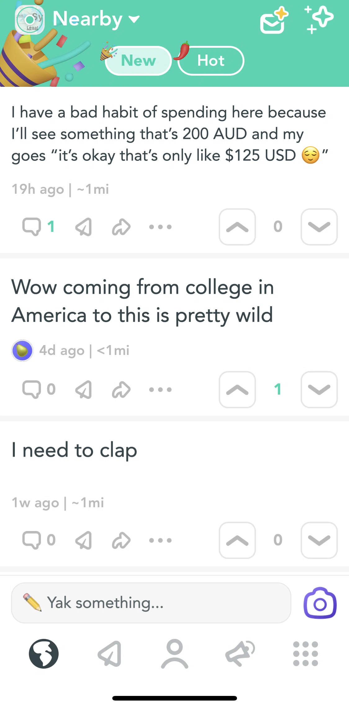 Yik Yak Screen screen in the Switching location flow