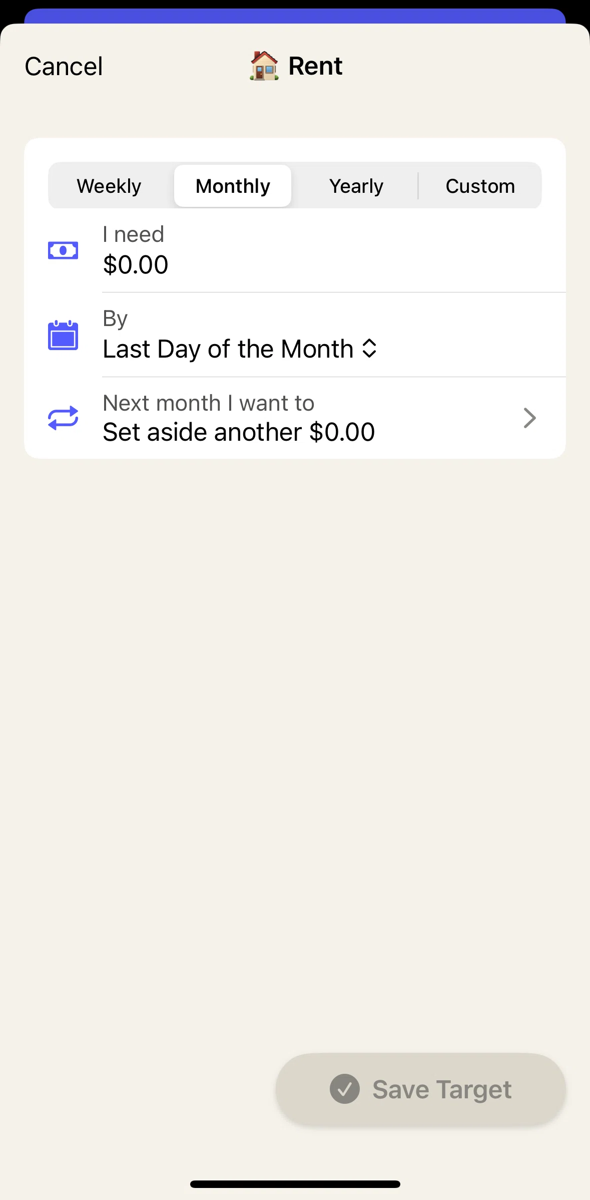 YNAB Screen screen in the Add a custom target flow