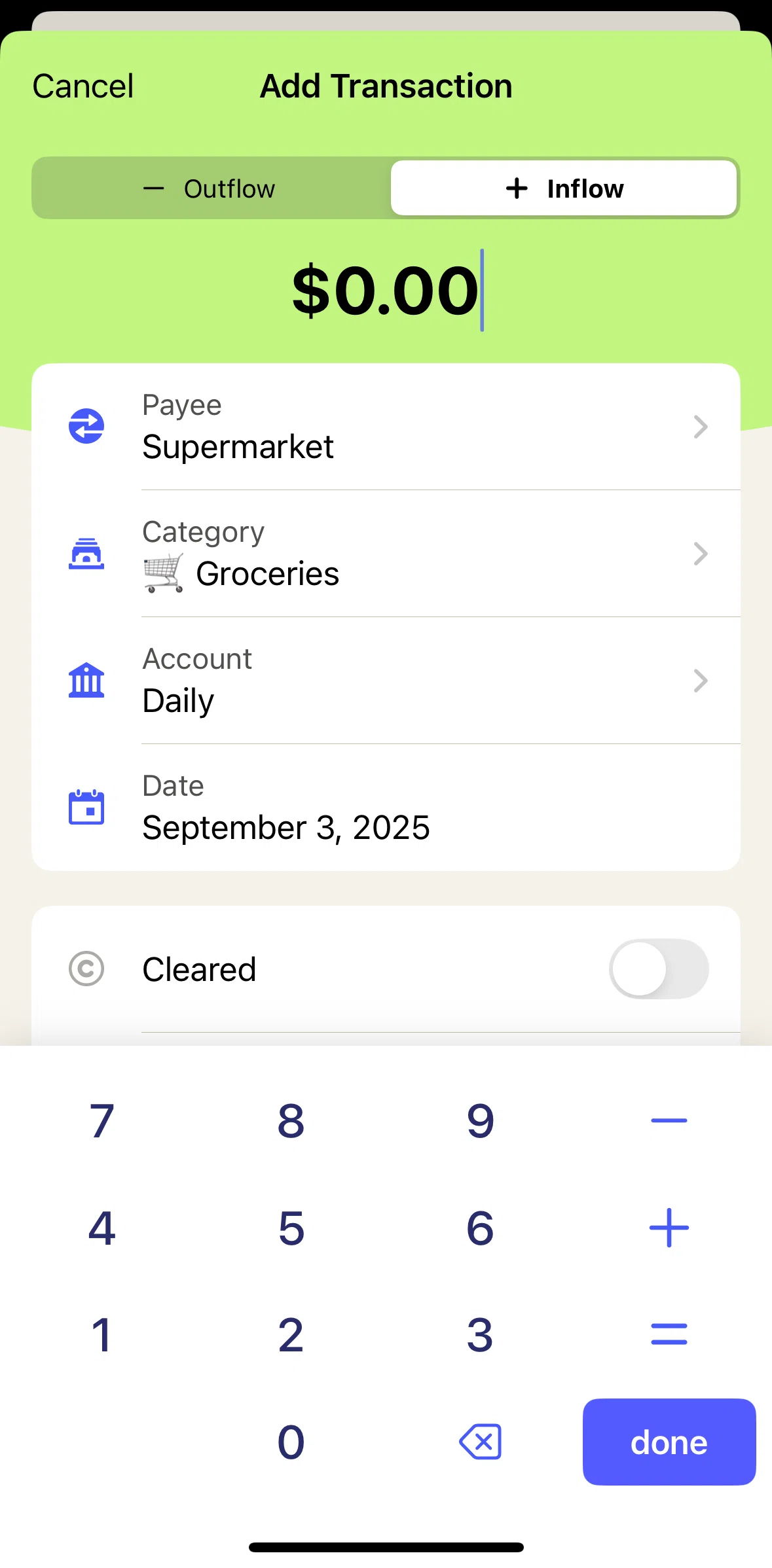 YNAB Screen screen in the Adding an inflow transaction flow