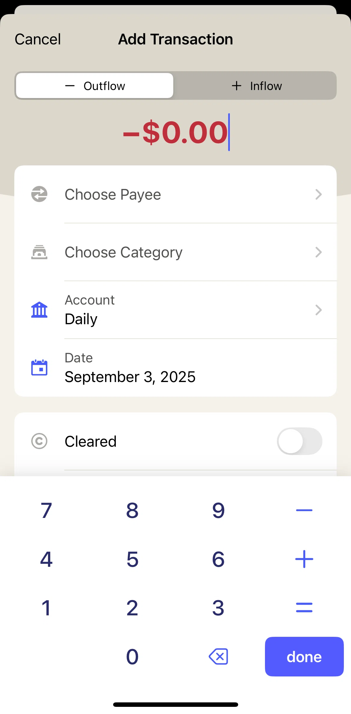 YNAB Screen screen in the Adding an outflow transaction flow
