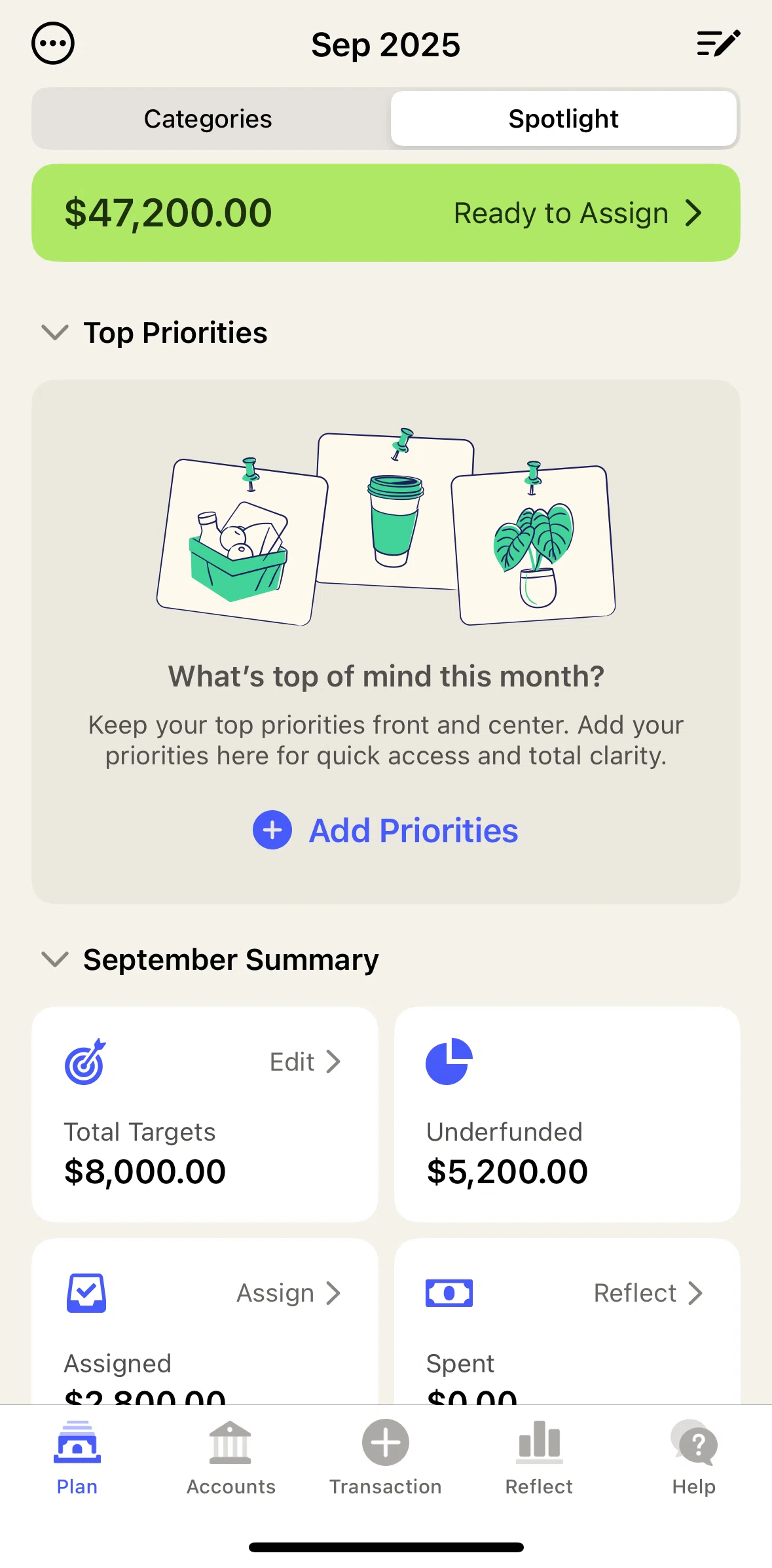 YNAB Screen screen in the Adding priorities flow