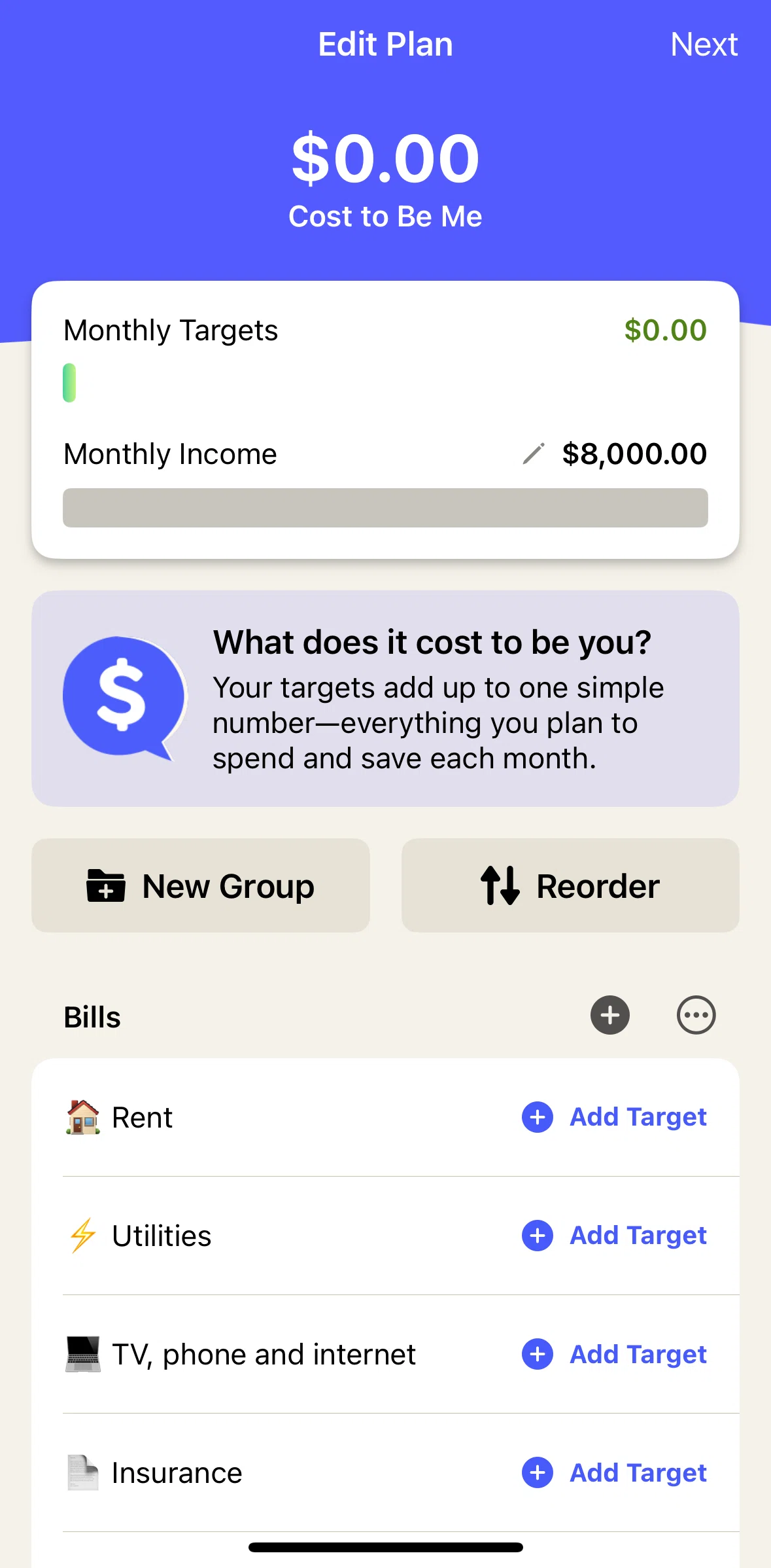 YNAB Screen screen in the Adding target flow