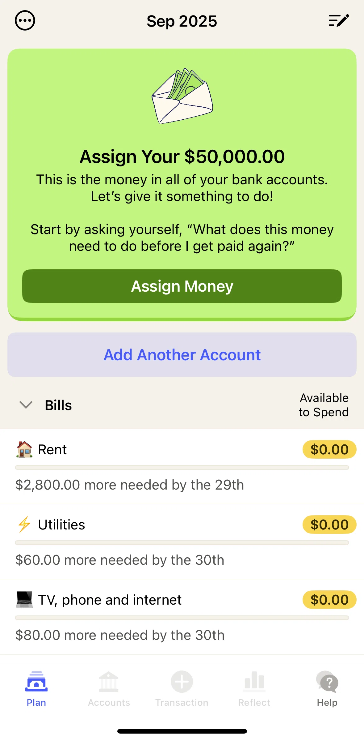 YNAB Screen screen in the Assigning money flow