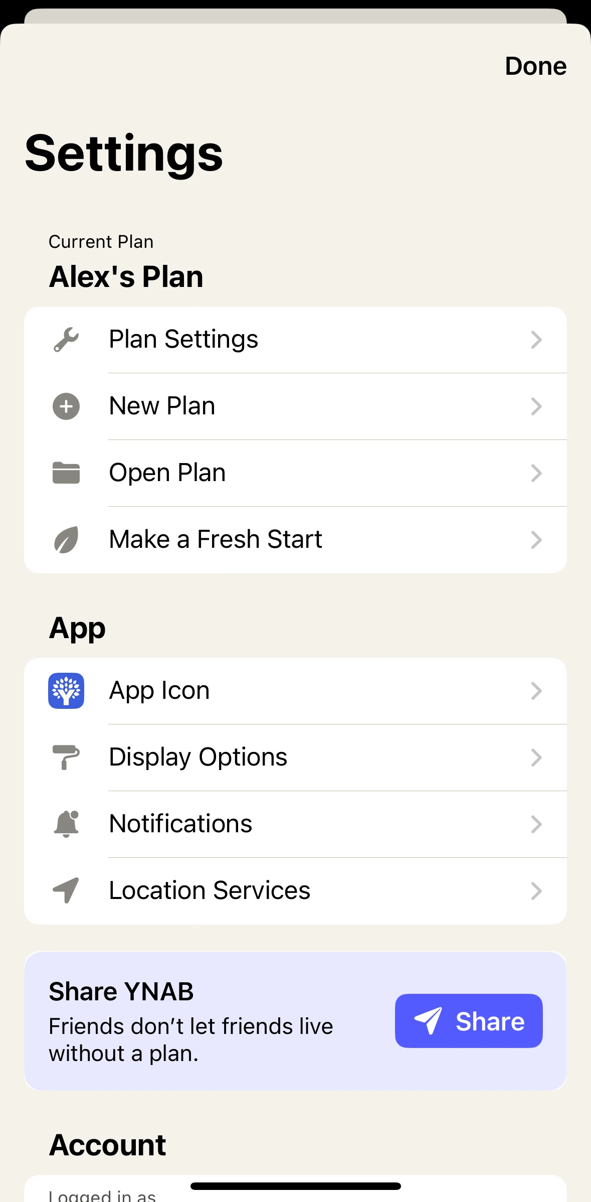 YNAB Screen screen in the Changing app icon flow