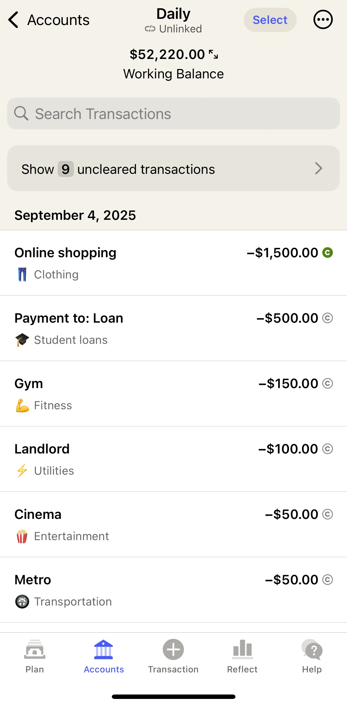 YNAB Screen screen in the Clearing transactions flow
