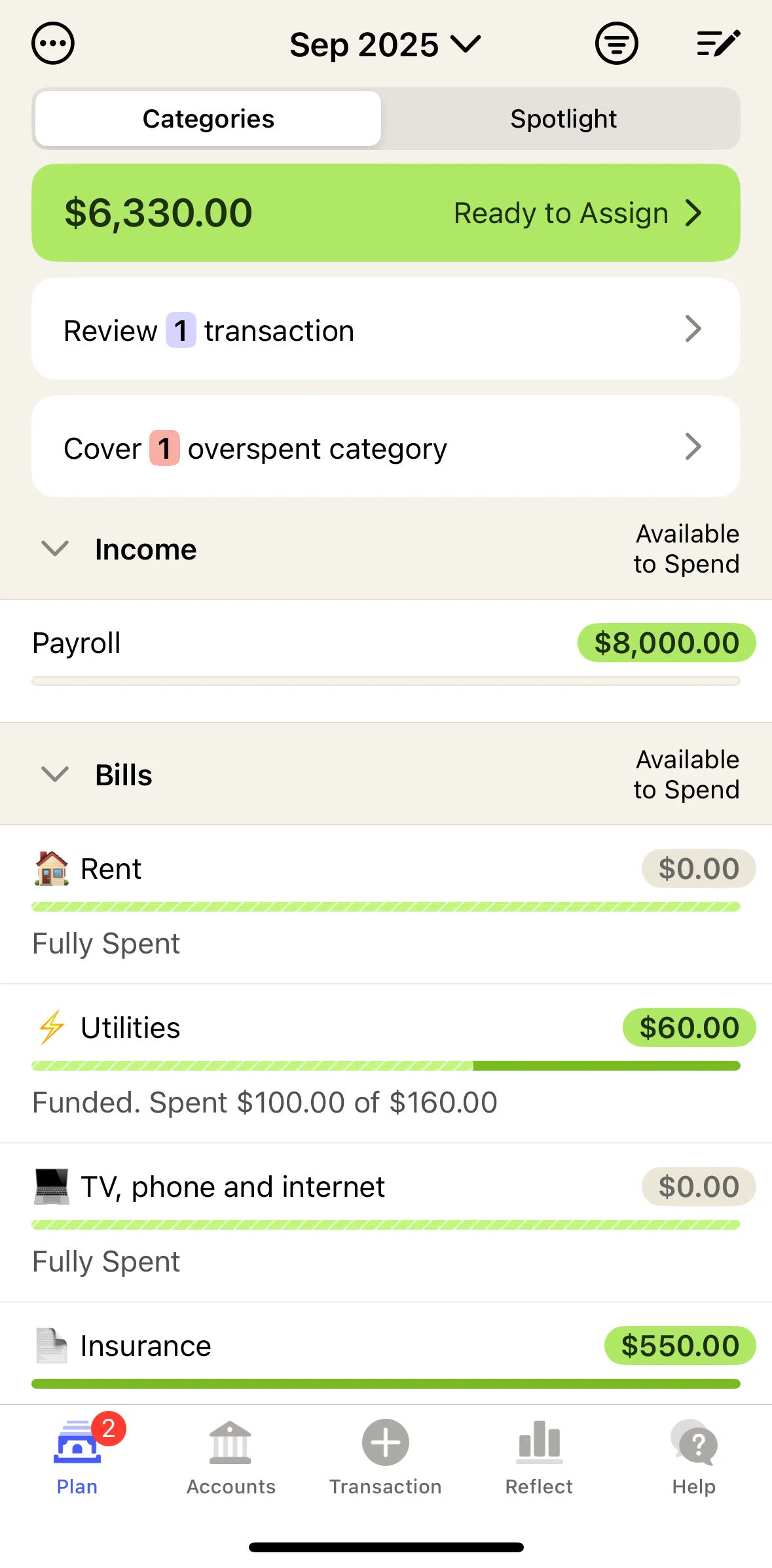 YNAB Screen screen in the Covering an overspent category flow
