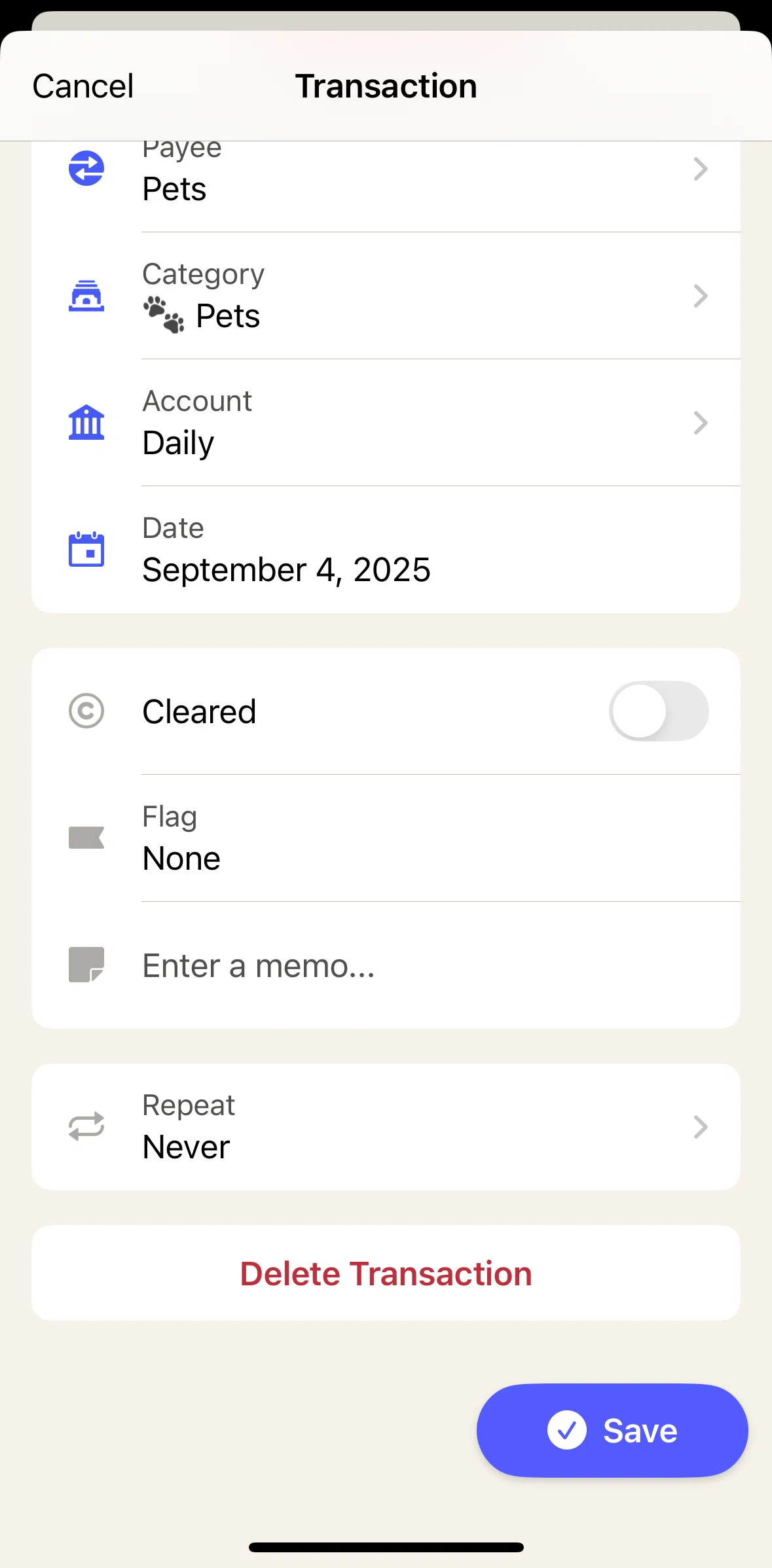 YNAB Screen screen in the Deleting a transaction flow