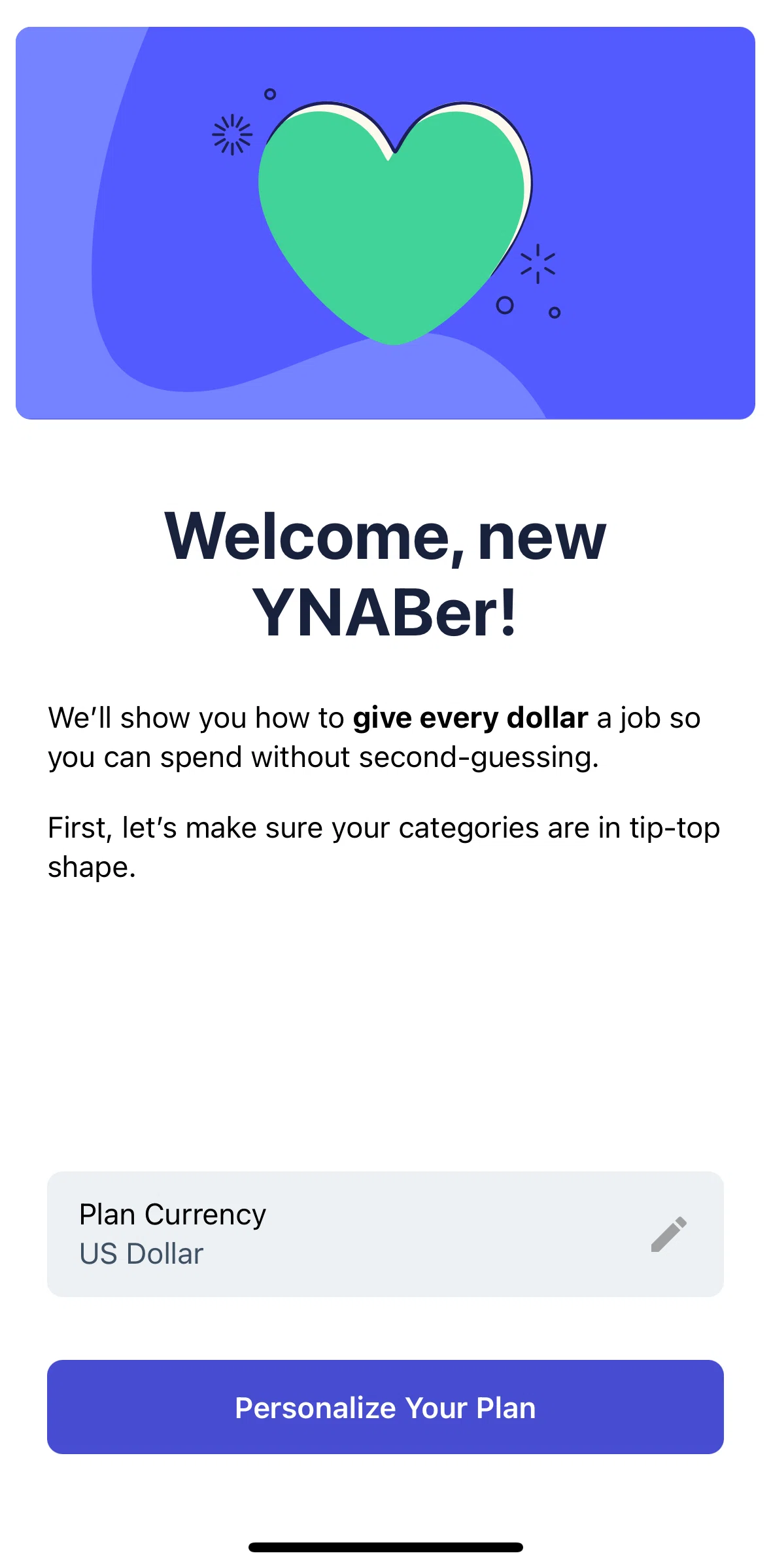 YNAB Screen screen in the Edit plan (onboarding) flow